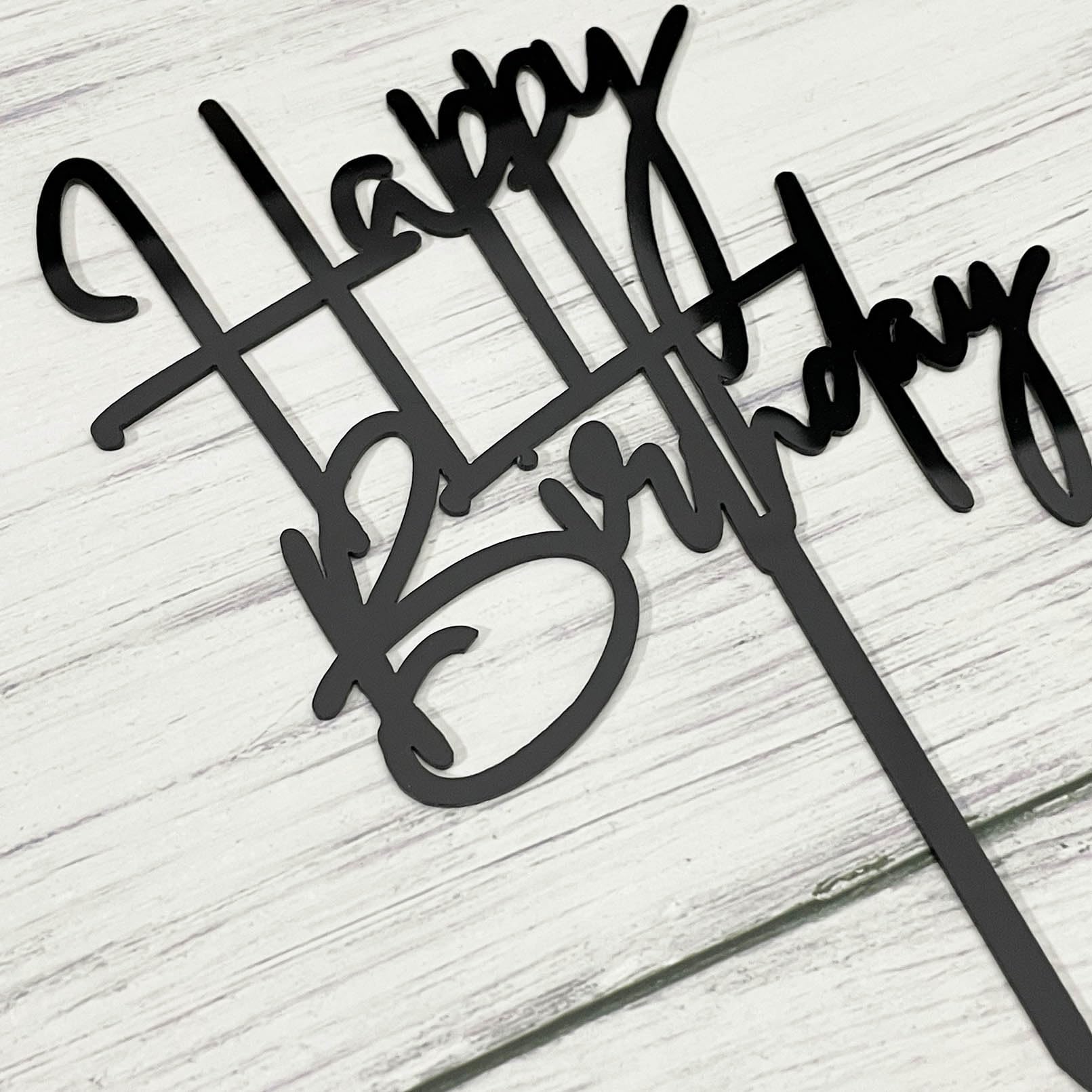 JIEEIN Happy Birthday Cake Topper - Black Plastic Party Decoration (4" X 5.7")