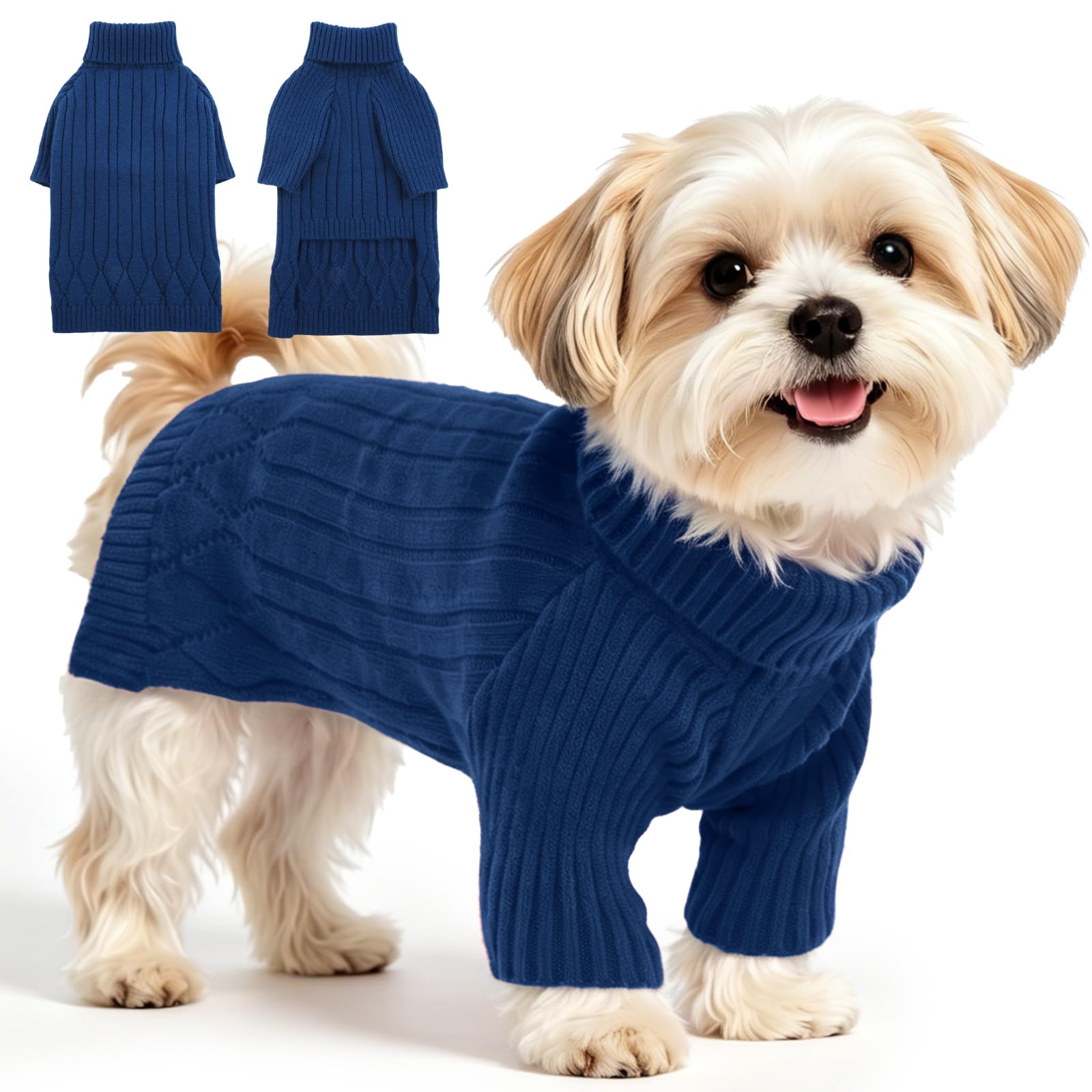 OUOBOB Dog Jumper for Small Dogs, Turtleneck Winter Knitwear for Dachshund Yorkie Chihuahua - Cosy Long Sleeve Christmas Dog Jumper for Boy & Girl Small Breeds (Blue S)