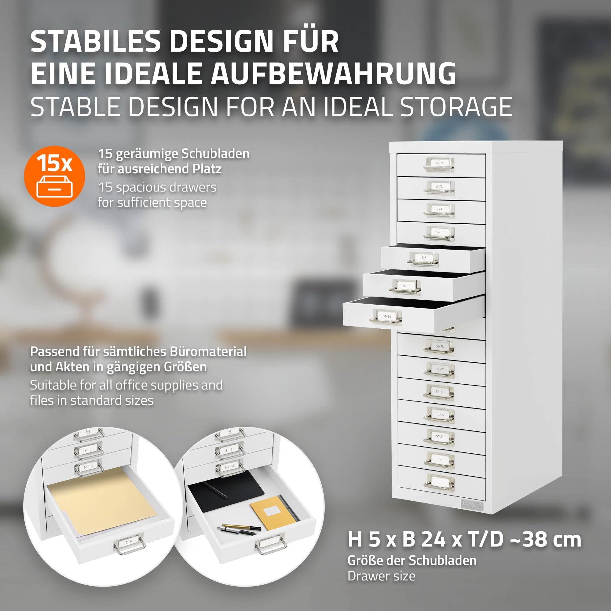 ML-Design szafka na dokumenty z 15 szufladami, 28x38x87 cm, biala, metalowa szafka z szufladami na DIN A4, szafka biurowa z uchwytem na etykiety, szafka stalowa szafka metalowa szafka na narzedzia