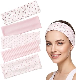 5Pack Pink Fabric Headbands,Non‑Slip Floral Hairbands for Women Girls | Cute Patterned Headband,Breathable Stretch Cloth Headband For Yoga Workout Holiday Party Sports Hair Accessories,One-Size