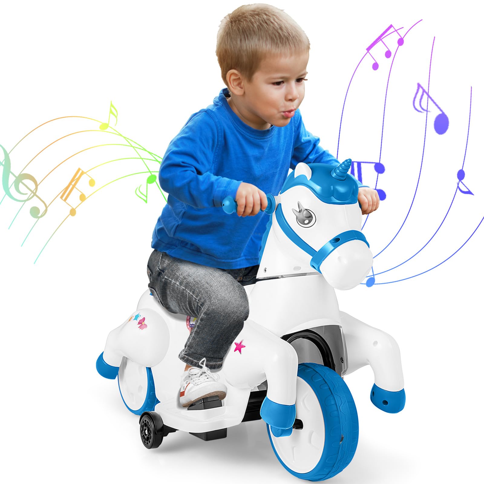 GOPLUS Voiture Porteur à Bascule Licorne 12V Enfants avec 3 Roues et Roues d'Appui, Voiture avec Musique pour Enfants 3 Ans+, Blanc Bleu