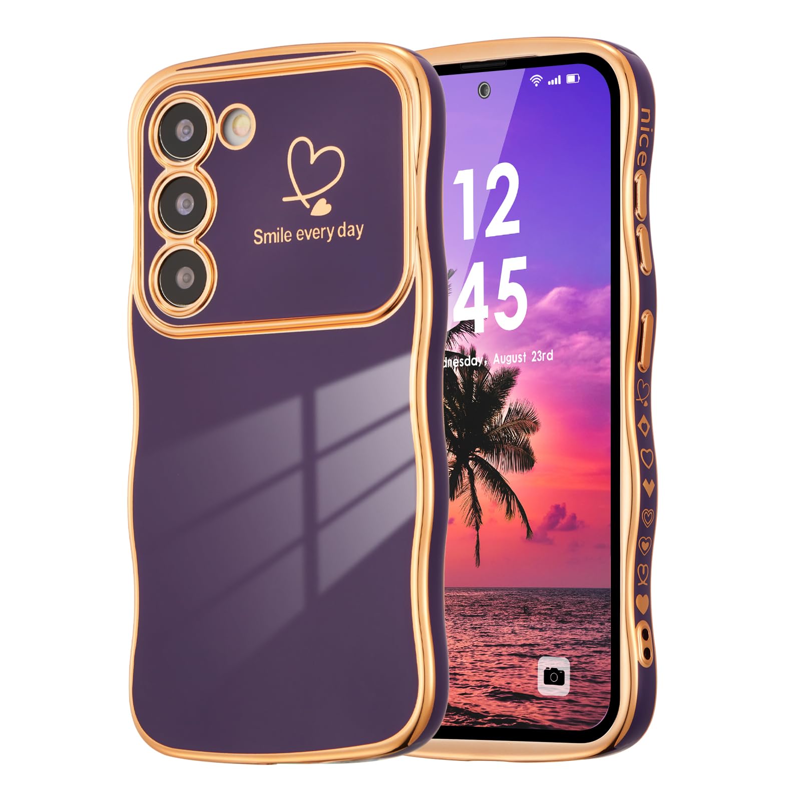 DEFBSC Case for Samsung Galaxy S22 Case, Curly Wave Shape Plating Frame Cute Love Heart Cover for Girls Women, Full Camera Lens Protection Soft