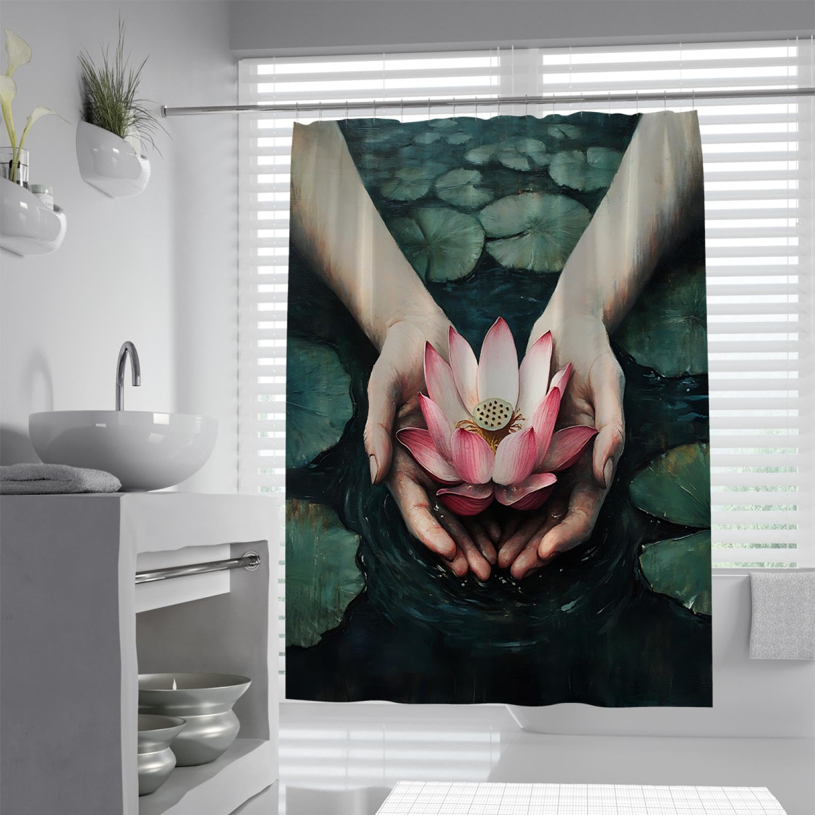 Forro de Cortina de Ducha de Tela de Loto Rosa con Ganchos Impermeable Calidad de Hotel Lavable a máquina Plantas de Estanque Verde Cortinas de Ducha 180x200