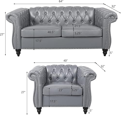 Miniatura 2 de RARZOE Juego de 2 muebles de sala de estar, moderno y contemporáneo con botones copetudos de piel sintética y sofá de dos plazas Chesterfield con