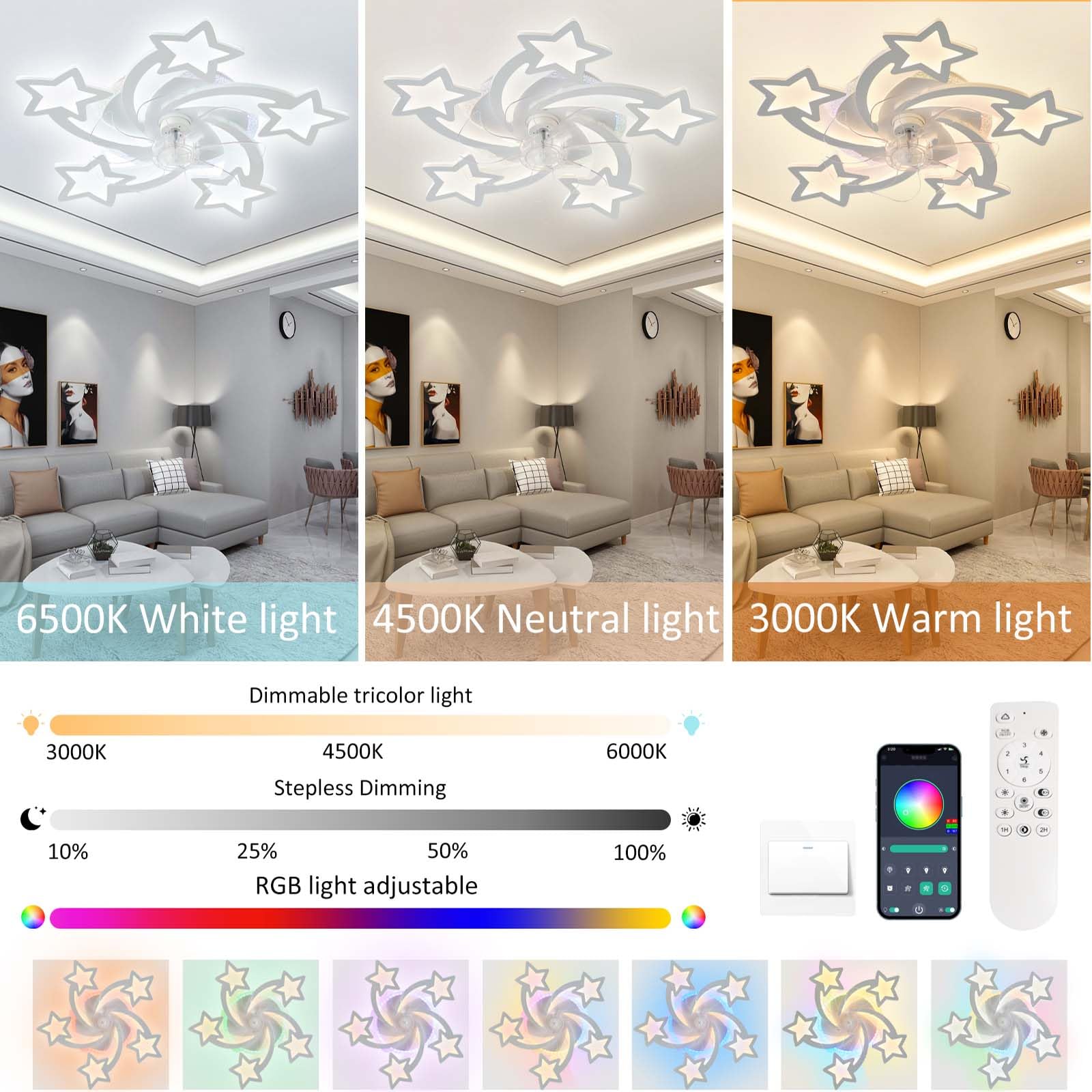Lampara Ventilador Techo Dormitorio Infantil Niños, Ventilador Techo Con Luz Y Mando A Distancia Silencioso, Ceiling Fan With Light Con Luz Rgb Regulable 6 Velocidades Para Sala, Comedor Blanco