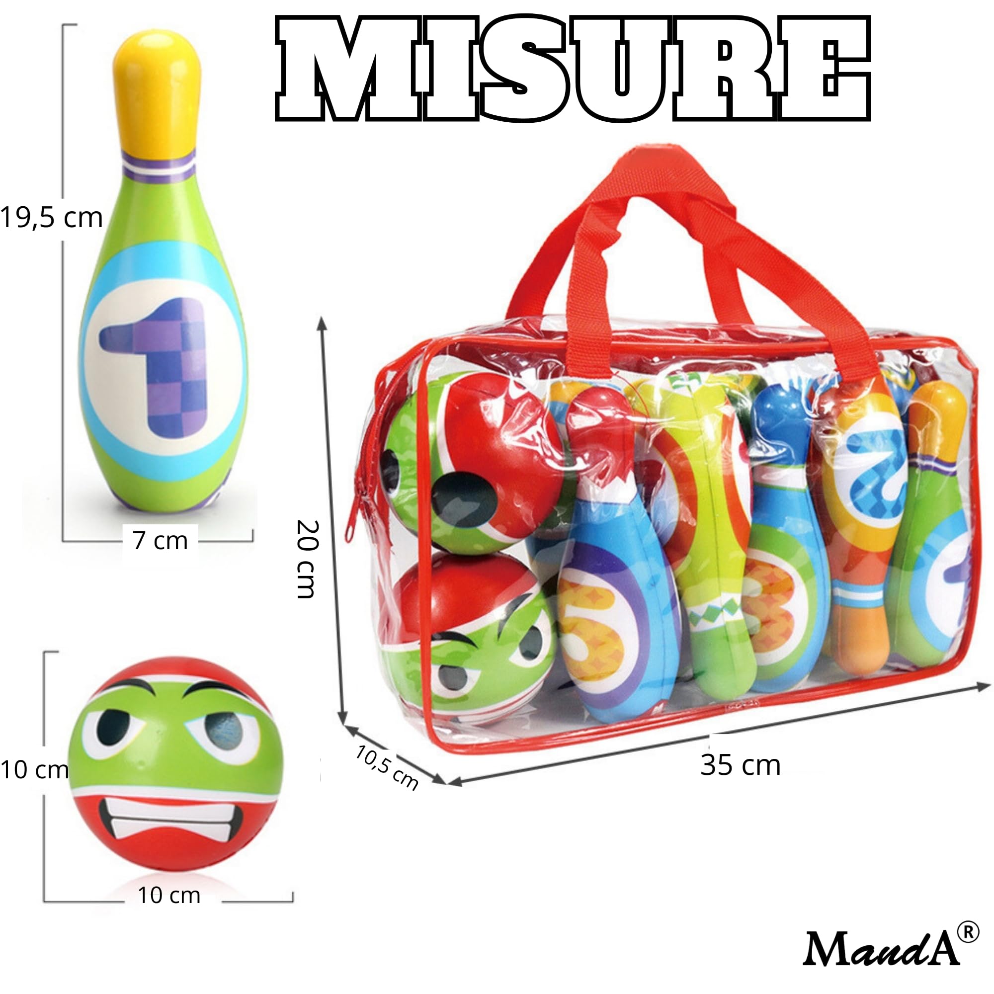 Bowling per Bambini Montessori in Gomma Piuma Grande - Set da 10 Birilli + 2 Palle con Borsa - Gioco Educativo e Sicuro per Bambini 2-7 Anni - Giocattolo da Interno ed Esterno - Idea Regalo Perfetta