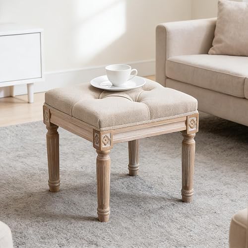 Miniatura 20 de Banco de entrada tapizado de tela, banco de piano copetudo para 2 personas, patas de madera de goma con hermoso patrón tallado para dormitorio, sala