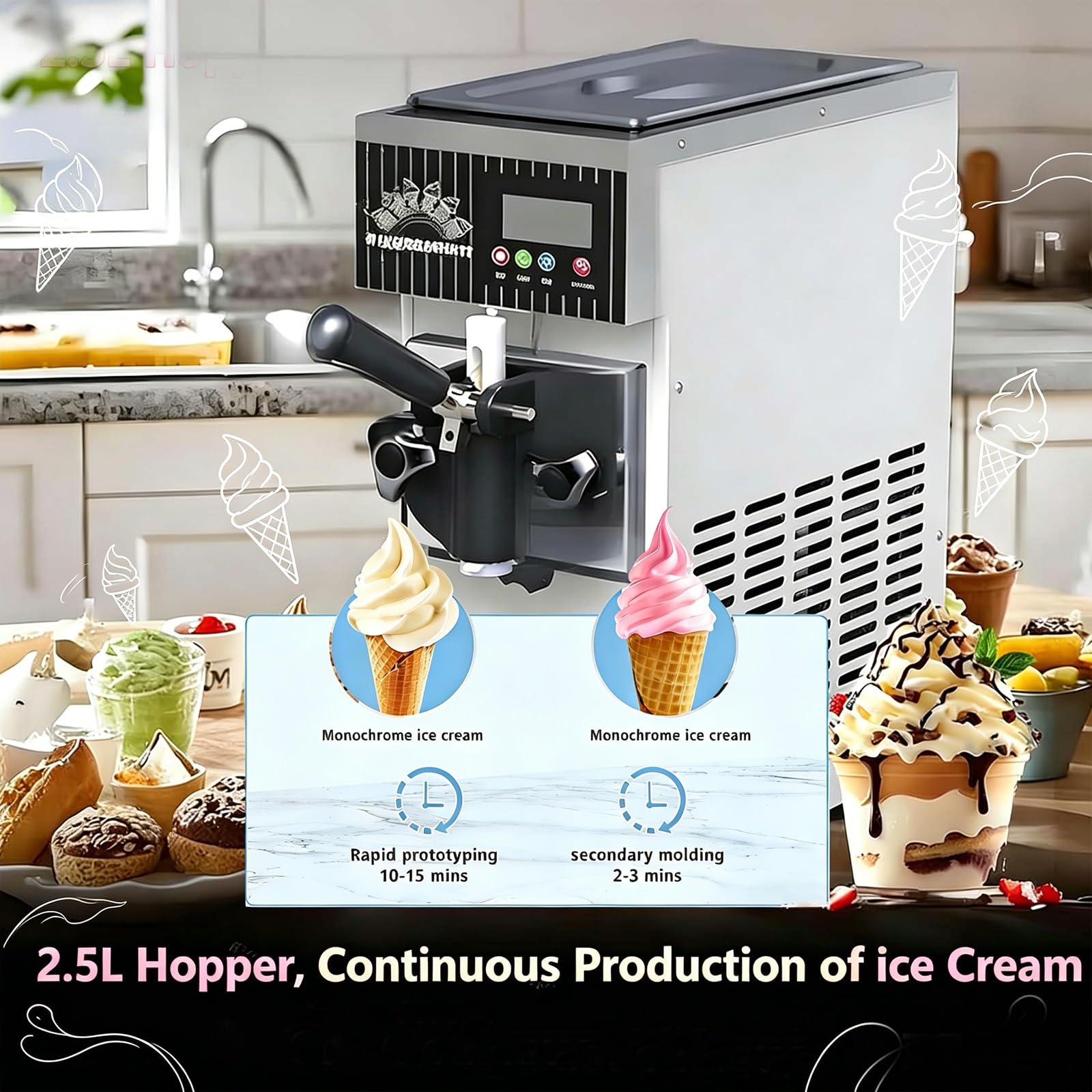 Macchina per gelato da 450 W, macchina morbida per supermercati e panetterie, attrezzatura da tavolo con schermo LCD, pulizia automatica, capacità 2,5 l, sapore singolo