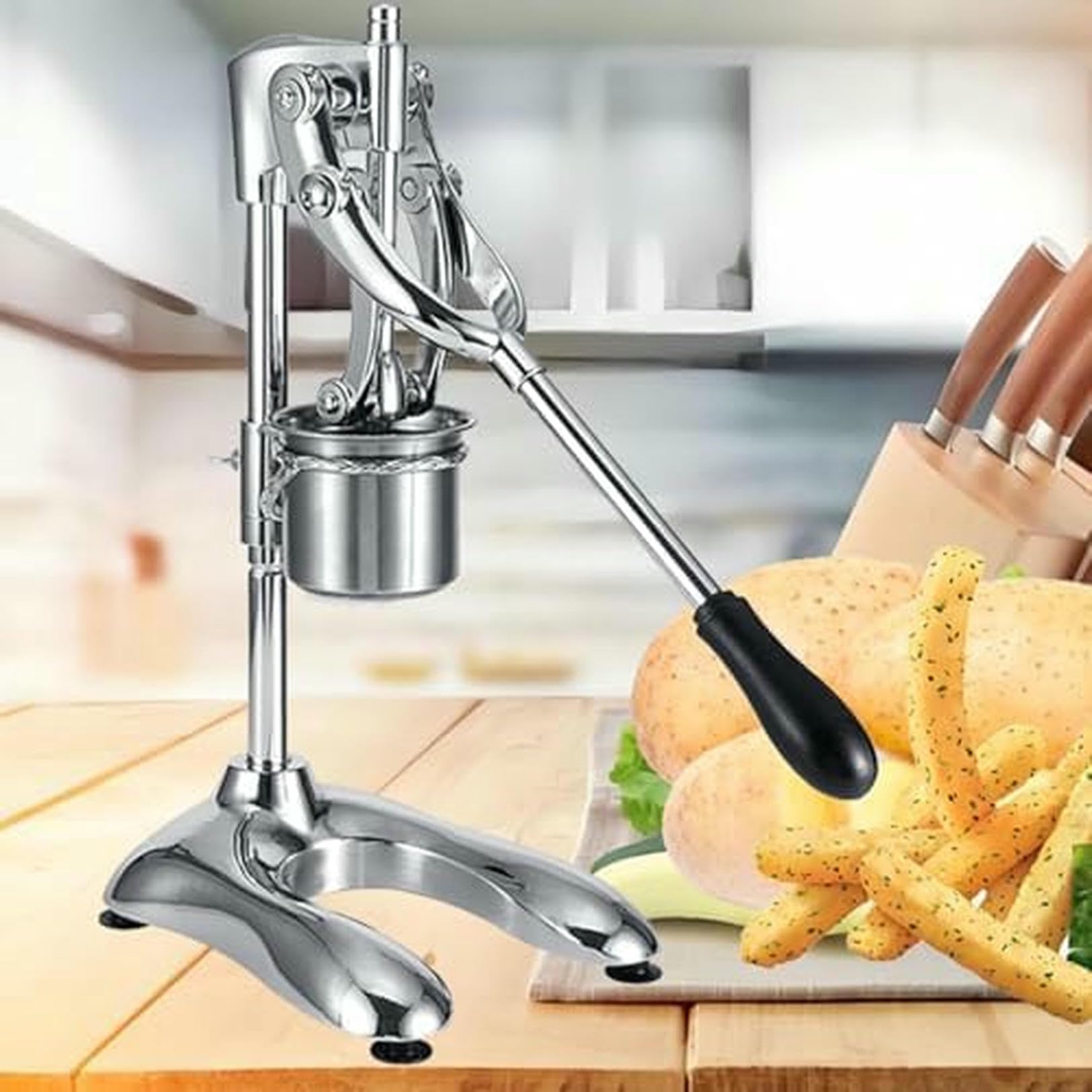 AYCDL Potato Slicer Fry Cutter Machine - Stainless Steel, 12 Hole Design for Long French Fries and Mashed Potatoes, Includes Fry Basket, 30cm Length