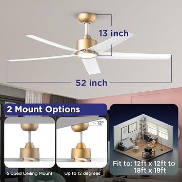 ocioc 52 inch Ceiling Fans with Lights and Remote,Gold,Powerful Airflow