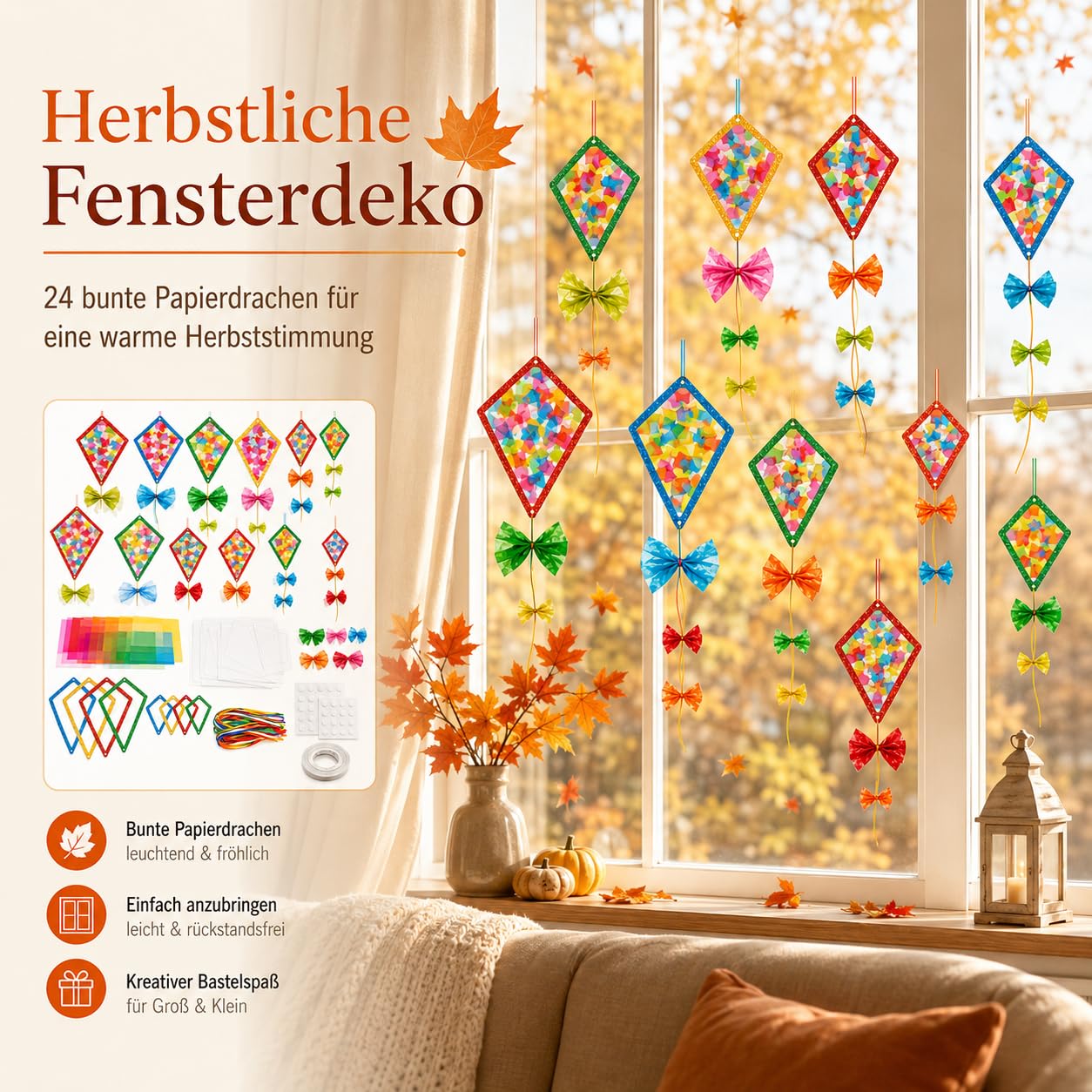 24 Papierdrachen Fensterbilder, Herbst Basteln Herbstdeko Innen Outdoor