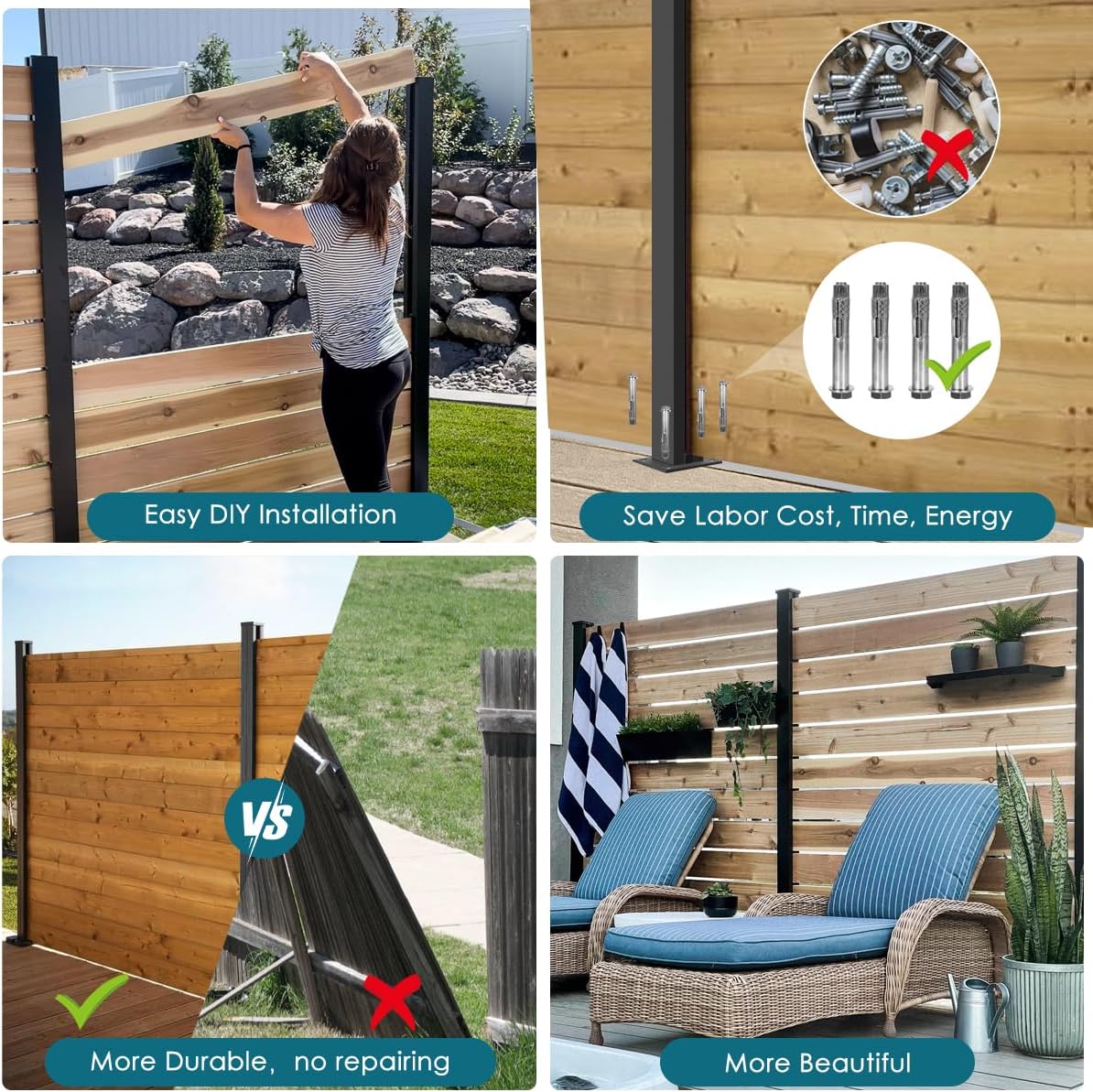 2 Line Post for 6ft Outdoor Privacy Fence Panels, Matte Black Metal Wood Fence Post, No Dig Hard Surface Mount. (2 Posts for 180 Degree)
