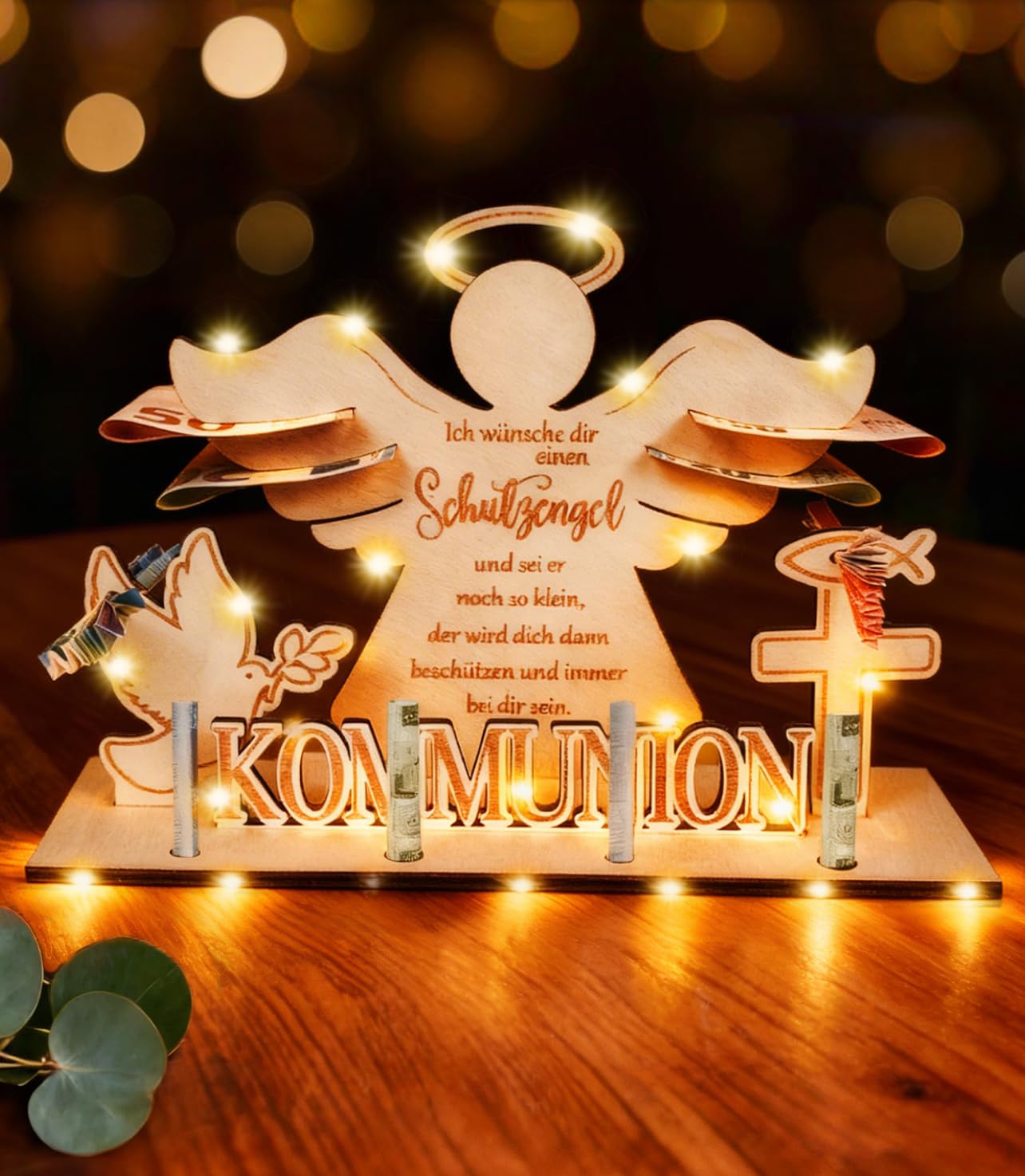 Kommunion Geschenke für Mädchen Junge, Holz Schutzengel Geldgeschenk Kommunion Verpackung mit Lichterkette, Geschenke zur Erstkommunion, Kleine Kommunionsgeschenk, Tischdeko, Erstkommunion Deko