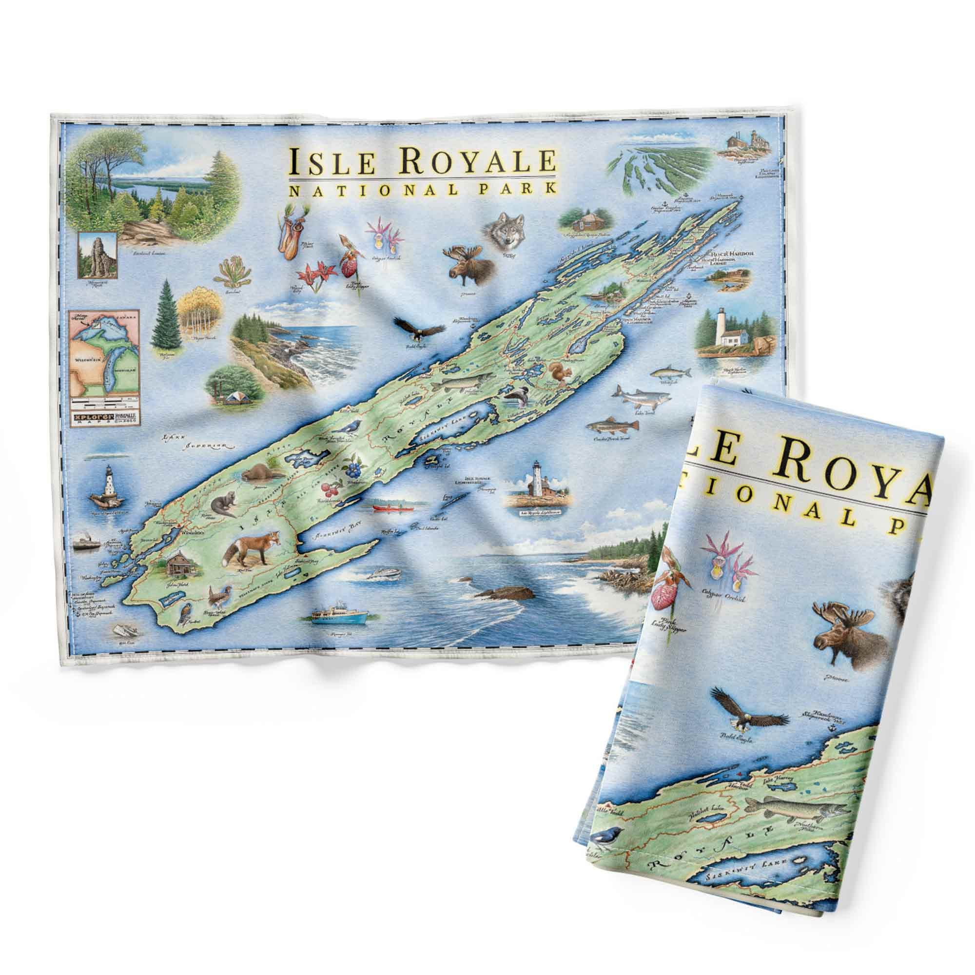 Paño de cocina de algodón Xplorer Maps mapa parque nacional Isla Royale 18x24''