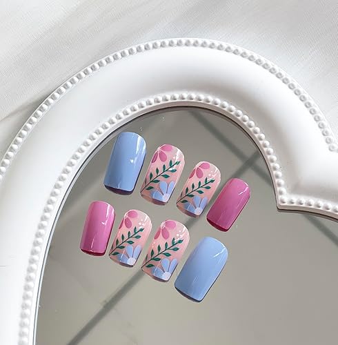 Miniatura 3 de Uñas postizas cuadradas medianas MABKJLF Summer uñas postizas azules y rosas, de cobertura completa, con diseños de hojas, flores, brillantes, uñas