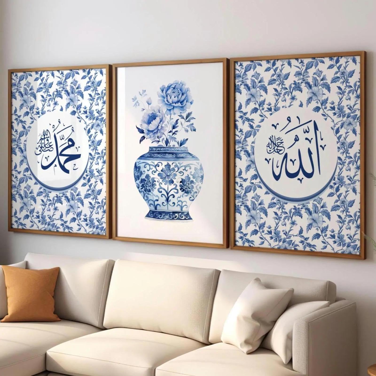 Baibexing Blue-And-White Porcelain Islamic Calligraphy Allah Swt Muhammad Saw Canvas Painting Posters Prints Wall Art Picture Home Decor 50X70Cmx3Pcs Unframed