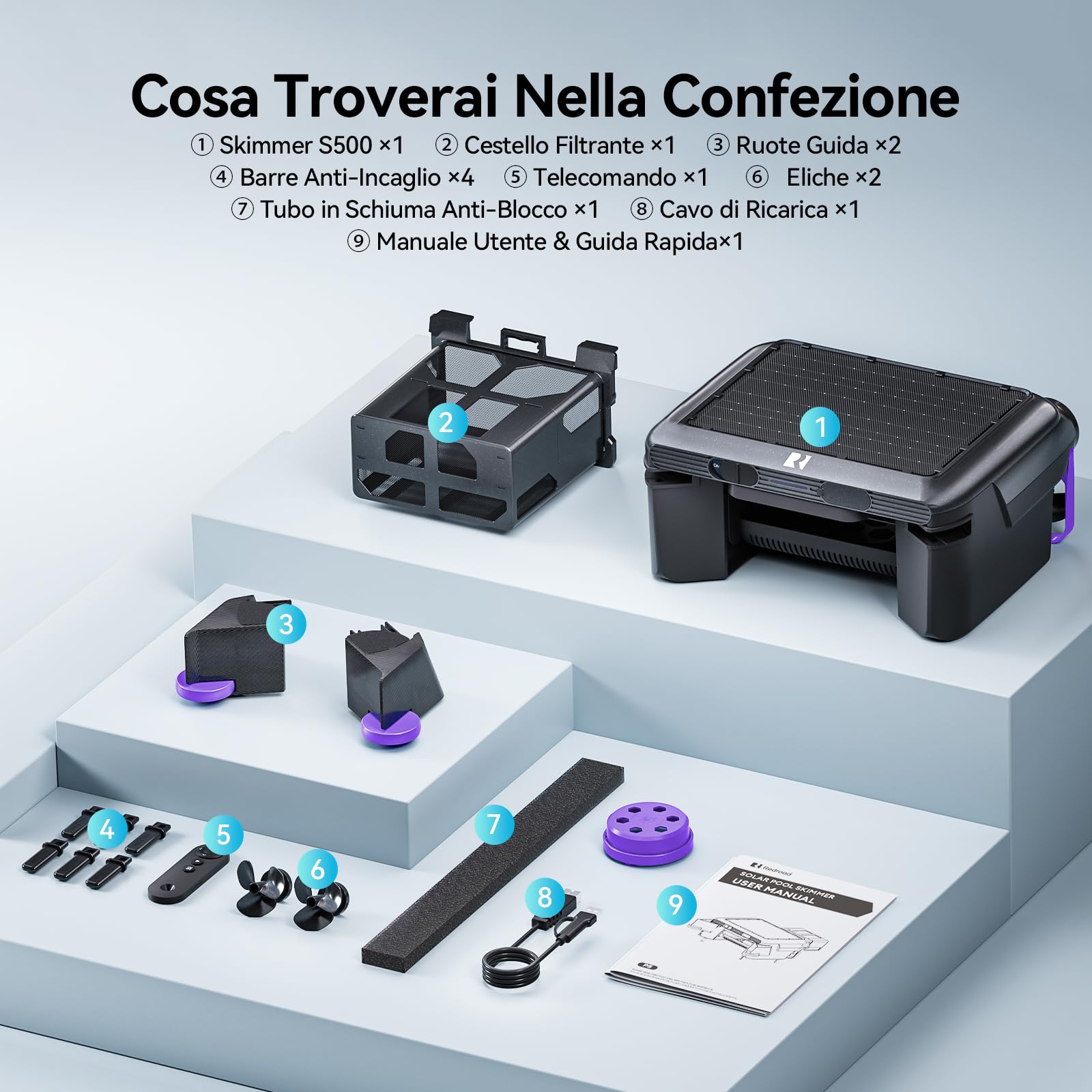 Redkey S500 Robot Skimmer Piscina Solare, Robot Piscina Solare Superficie 24/7, Doppi Motori, Doppio Sistema di Ricarica, Rilevamento Intelligente degli Ostacoli, Sistema di Filtrazione Fine 200µm