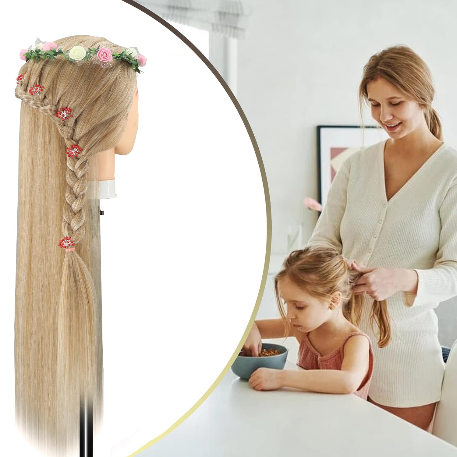 Trainingsköpfe, 28 inch Übungskopf Frisierkopf Friseur 100% Synthetikfaser-Haar Styling Kopf Frisierkopf für Frisöre mit kostenloser Klemme und DIY Flechtset (Hellbraun)