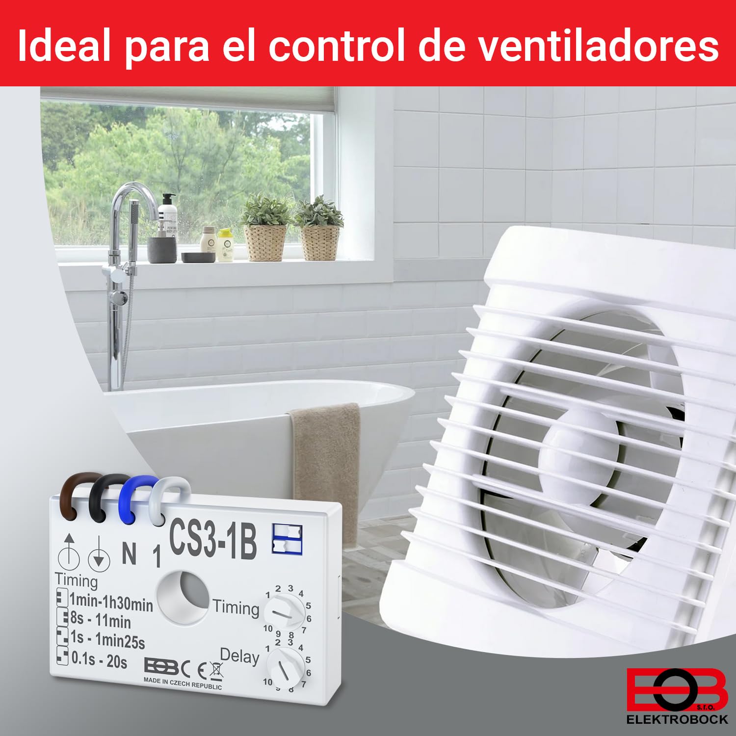 ELEKTROBOCK CS3-1B relé Temporizador | Interruptor temporizado 230 V | para Ventiladores e iluminación | Montaje en Caja de instalación Debajo del Interruptor con conexión por Cable