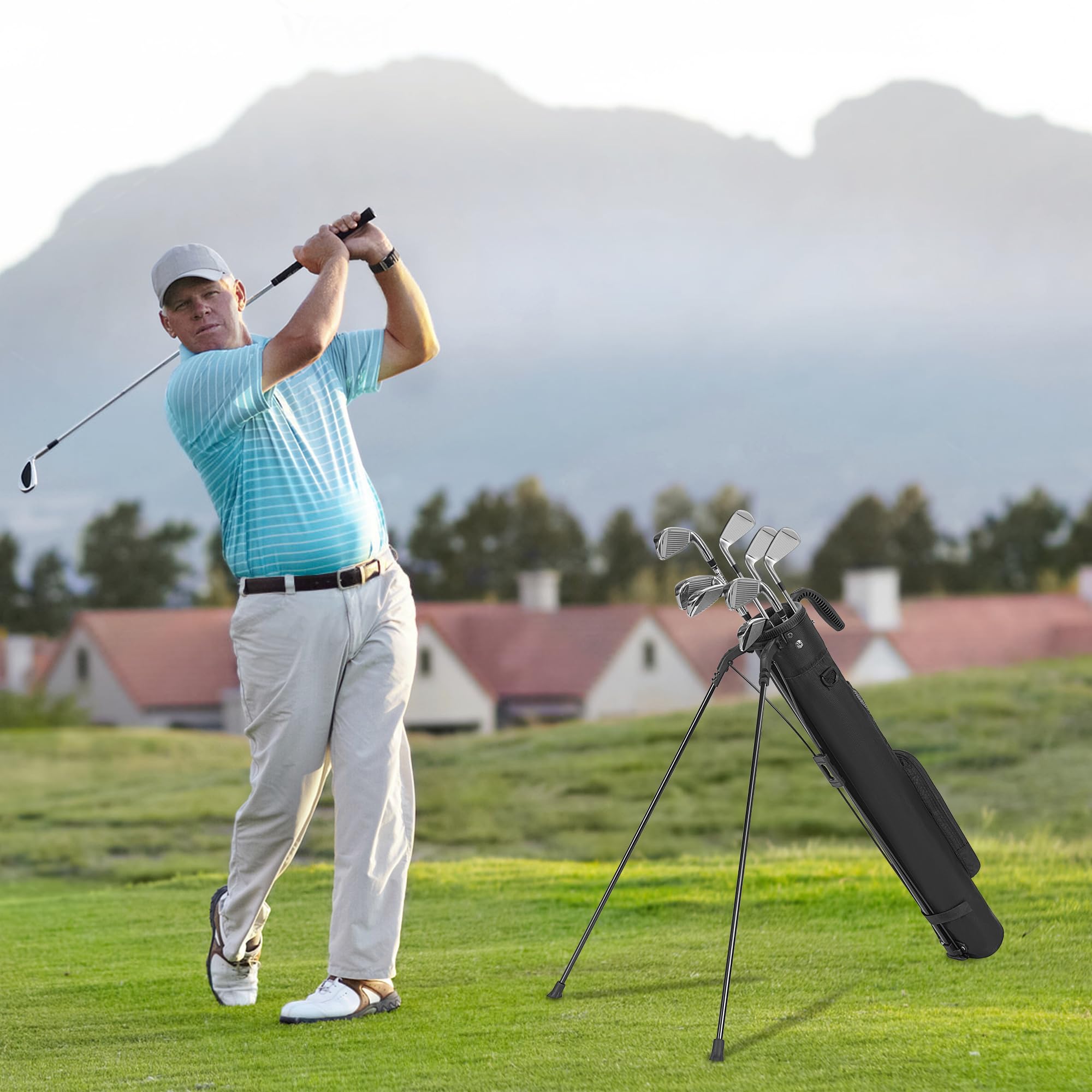 120CM Sac de Golf avec Support, Sac de Golf Léger et Portable à Pied avec 2 Poches, Bretelles Réglables pour Le Practice, Les Parcours par 3 et Les Parcours Exécutifs