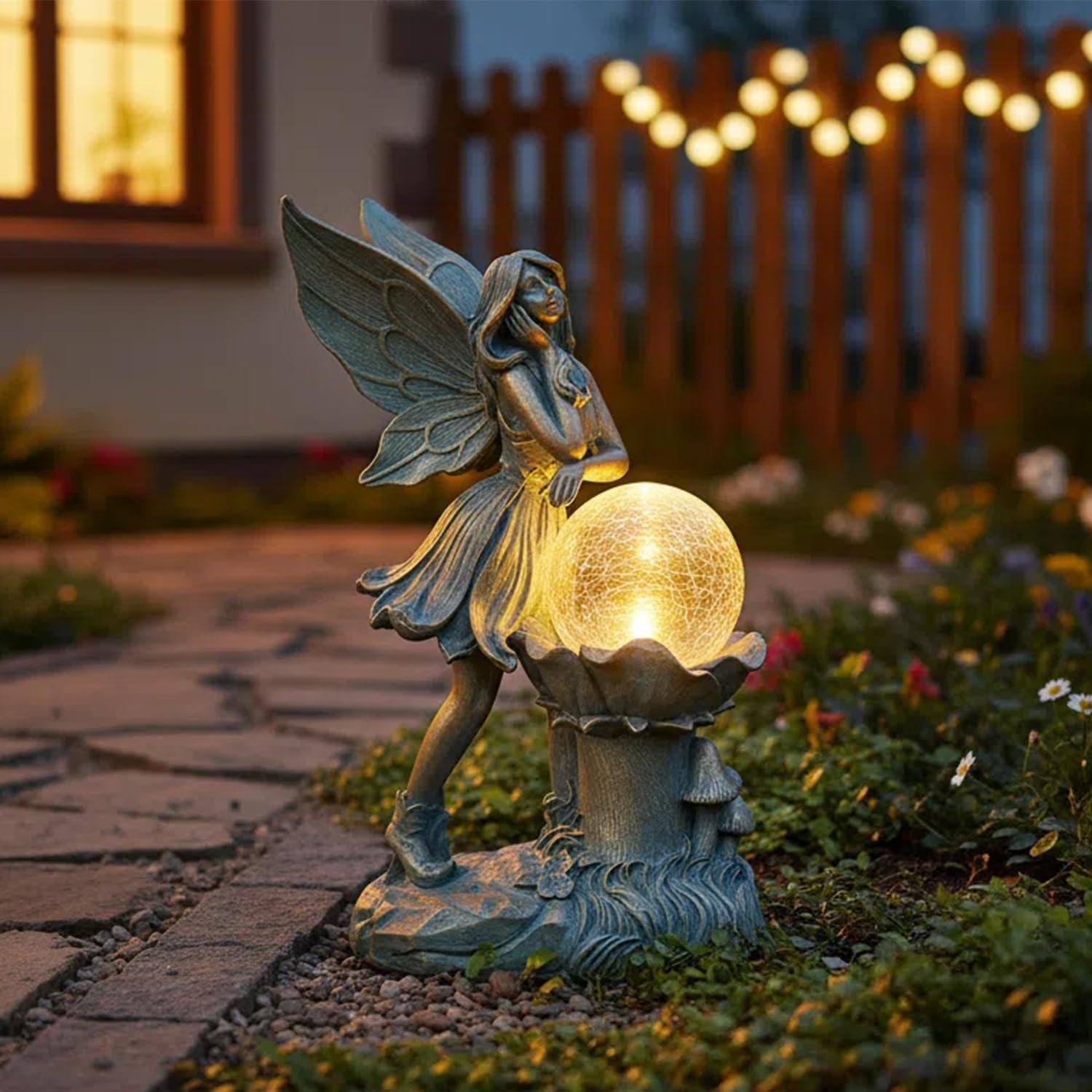 Ferrisland Statuette da giardino a forma di fatina dell'angelo, con luci solari, decorazioni solari per cortile, giardino, patio, prato, regali per compleanno, inaugurazione della casa, festa della