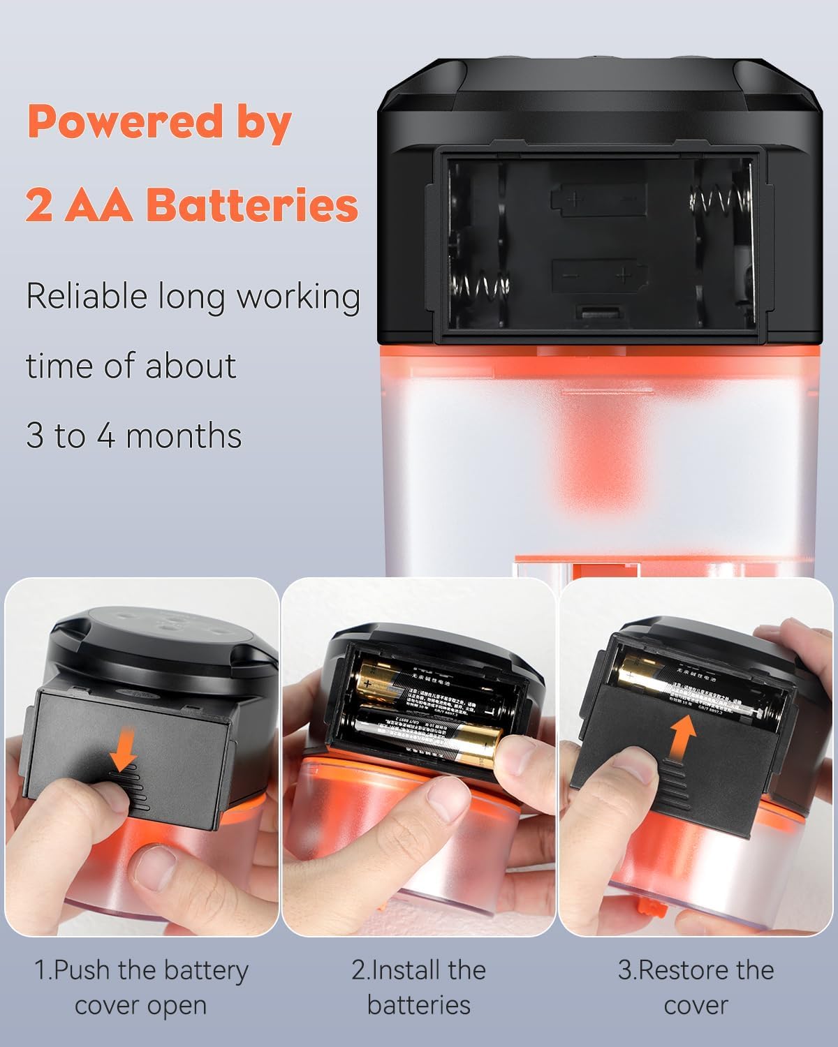 Step-by-step guide for installing two AA batteries into the Pawfly Automatic Fish Feeder.