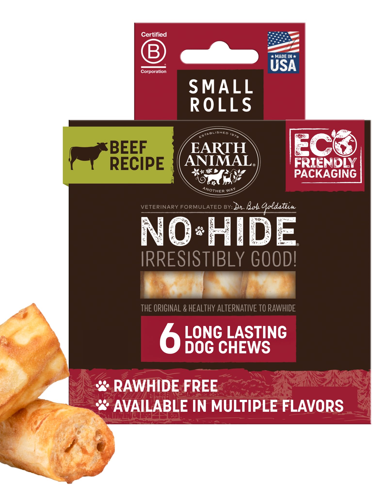 No Hide Chews - Long Lasting Rawhide Free Small Dog Chews Rolls, Beef - 6 Count