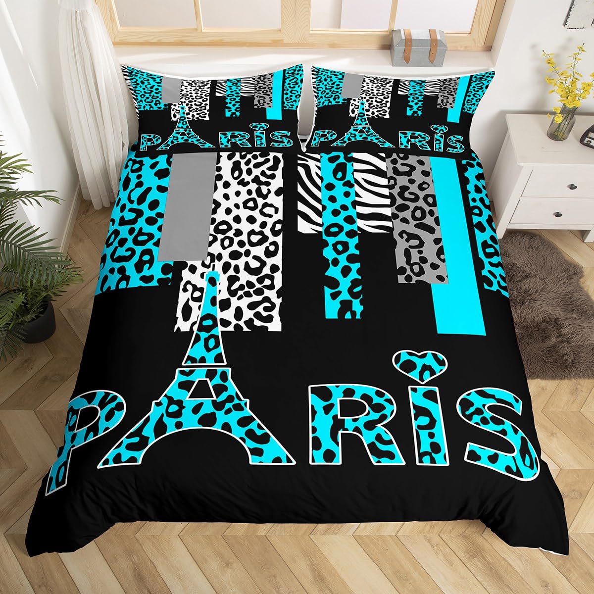 Leopard Comforter Cover Set Cheetah Eiffel Tower Bedding Set for Boys Girls Paris Valentines Bedding Duvet Cover Set Room Decor Safari Zebra Teal Black White Bedspread Cover 3Pcs King