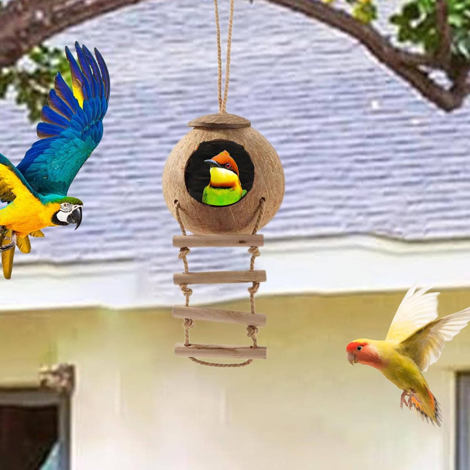 Nido di Cocco per Uccelli, Uccelli in Cocco Nido Decorativo, Nido di Noce di Cocco per Uccelli, per Uccelli in Stile Scala, Resistente Alle Intemperie per Piccoli Uccelli, Rettili, Amanti Del Giardino