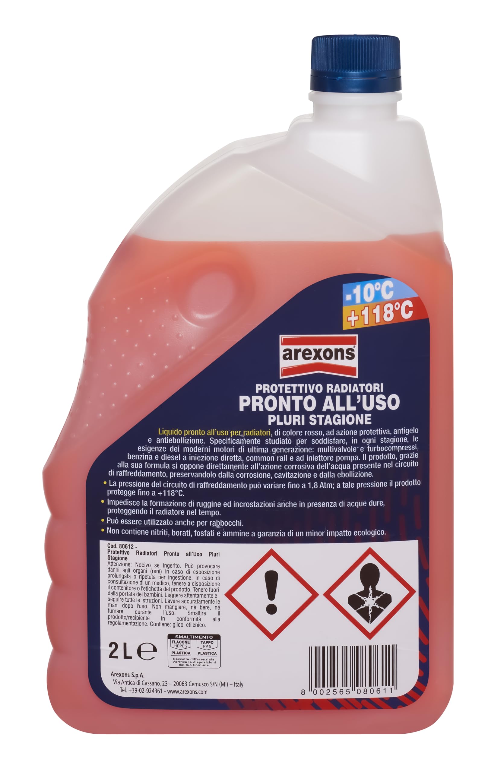 AREXONS Protettivo Radiatori Pluri-Stagione, Protezione Antiebollizione Estiva per Motori Moderni, Efficace Fino a +118°C, Adatto a Rabbocchi e Miscelazioni, 2L