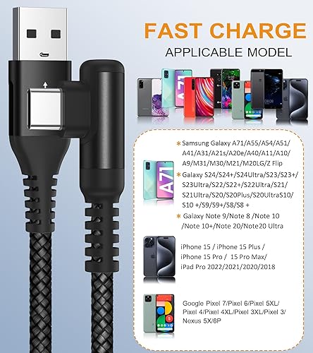 Miniatura 5 de Cable USB C en ángulo recto 2 unidades, 10 pies + 10 pies, cable de carga USB tipo C para iPhone 15 Pro Max Plus, Samsung Galaxy S24 S23 S22 S21 S10