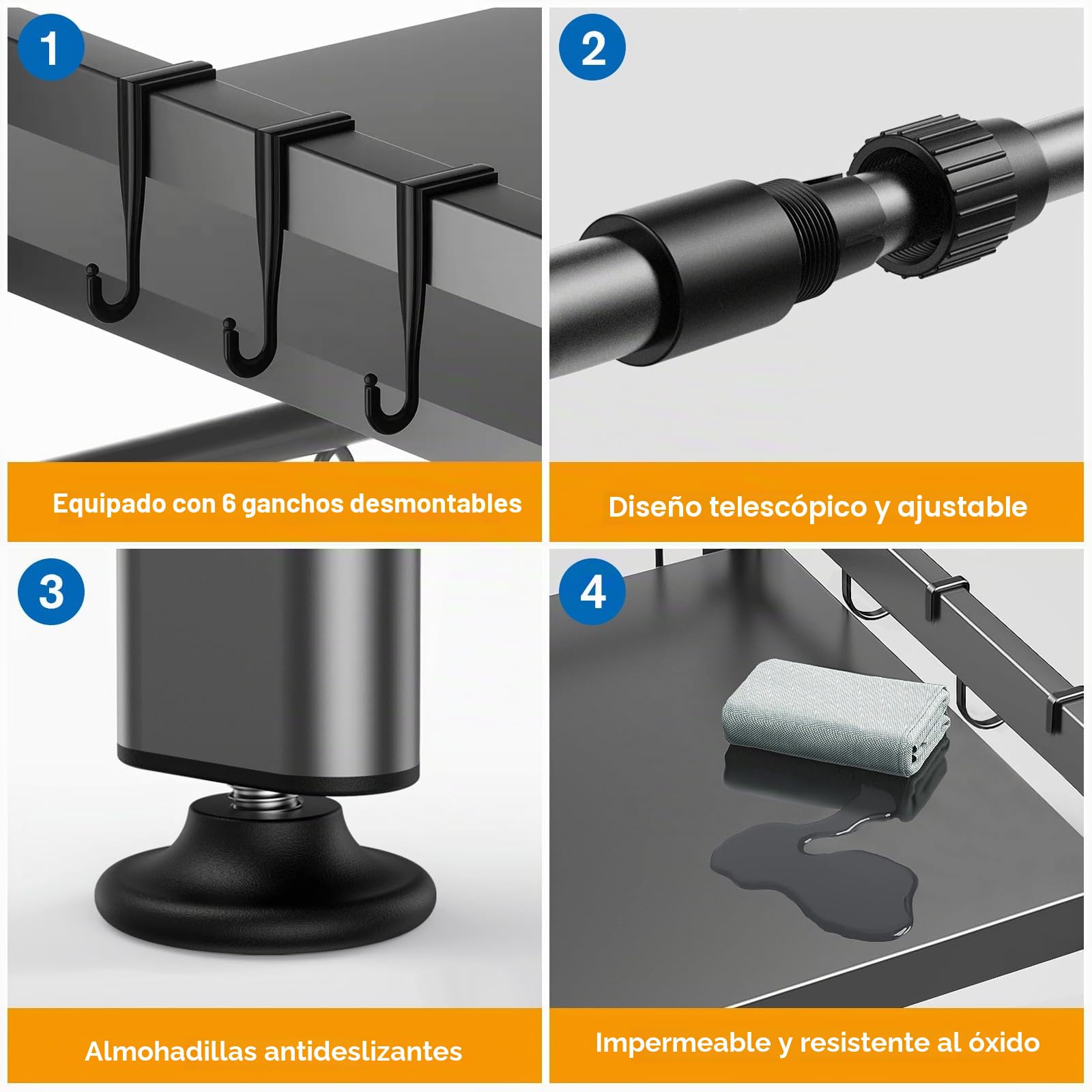 Estantería Extensible para microondas, estantería de Cocina, de pie, para microondas, de pie, Organizador de Cocina, con 6 Ganchos, Organizador para encimeras de Cocina (Gris, un-Nivel)