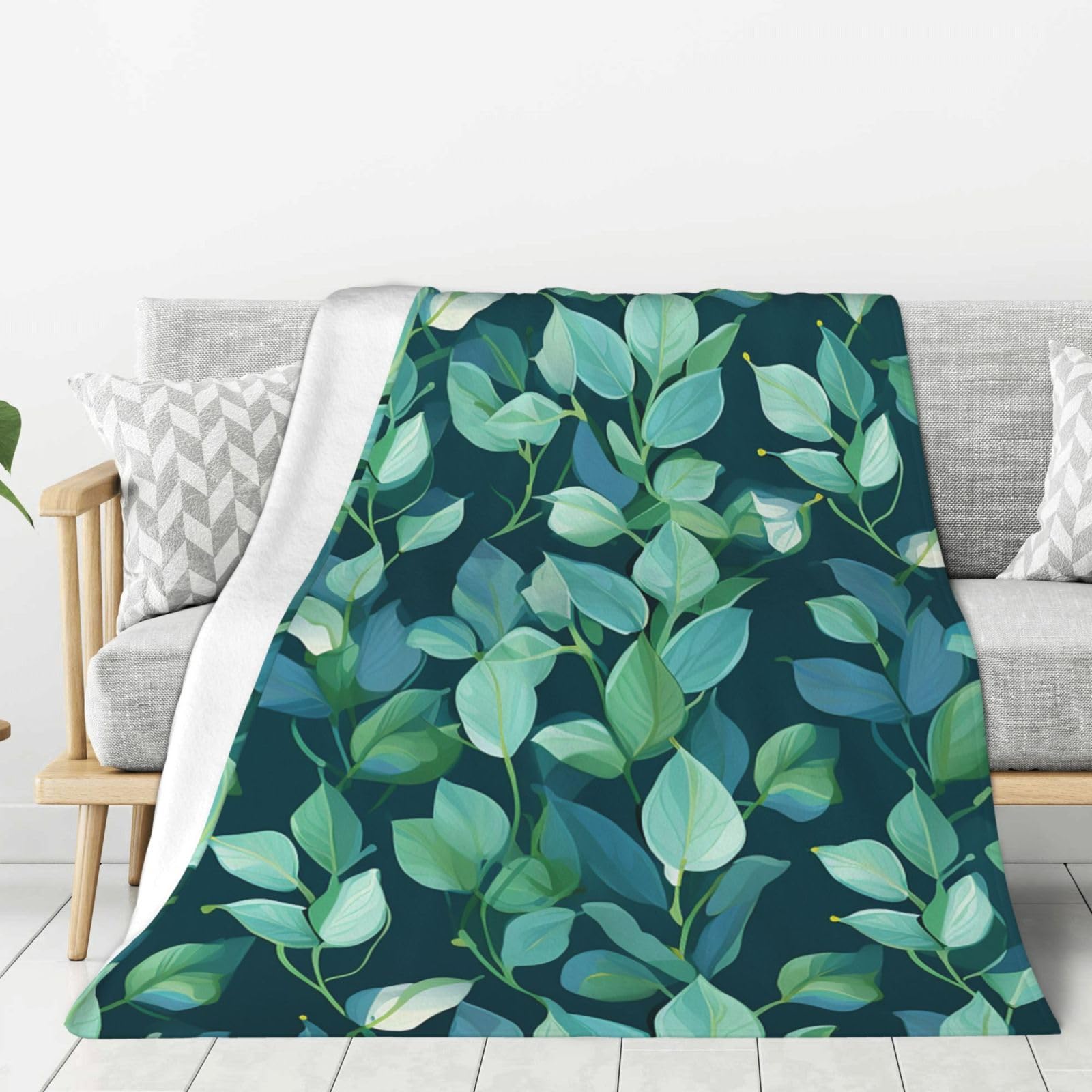 Pattern with Green Leaves On Blue Background Throw Blanket Plush Flannel Fleece Blanket, Soft Lightweight Cozy Blankets 40"X30" for Bed Couch Sofa Travel