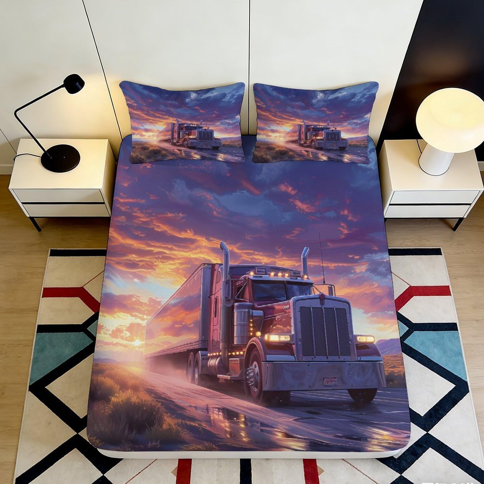 3D Printed Sunset Highway Truck Fitted Sheet Microfiber Non Slip Bed Sheet for Bedroom Dorm Mattress Cover Decor 200x200x25cm