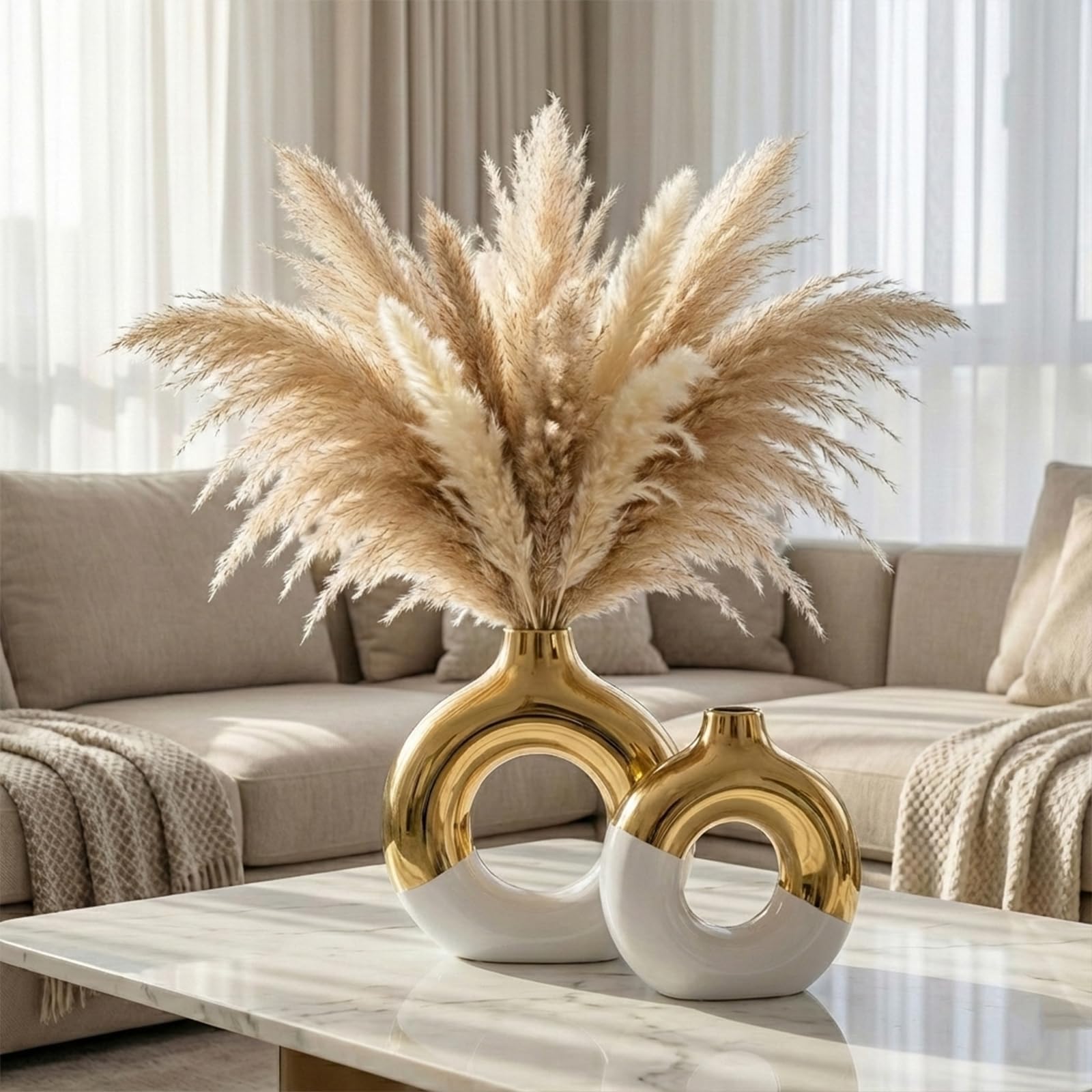 Set Vasi Bianchi e Oro in Ceramica - Vasi Moderni da Interno Design per Tavolo,Casa,Arredamento Nordico o Boho Vaso Decorativo Lucido per Decorazioni Stile Moderno, Perfetto per Arredamento Elegante