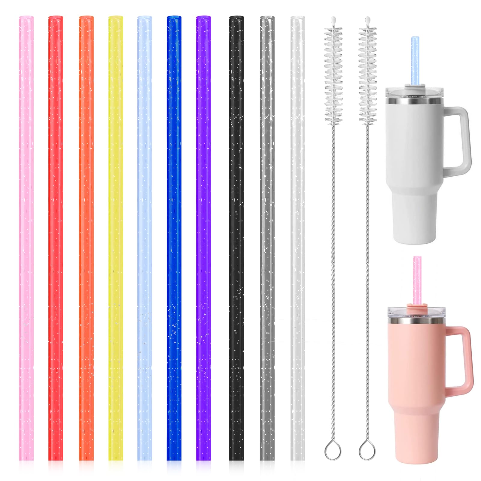 10 PCS Replacement Straw for Stanley 40/30oz Tumbler Cup Drinking Straws Colourful Reusable Plastic with 2PCS Straw Cleaners Replacement Long Straws Compatible Stanley Travel Accessories (Glitter)
