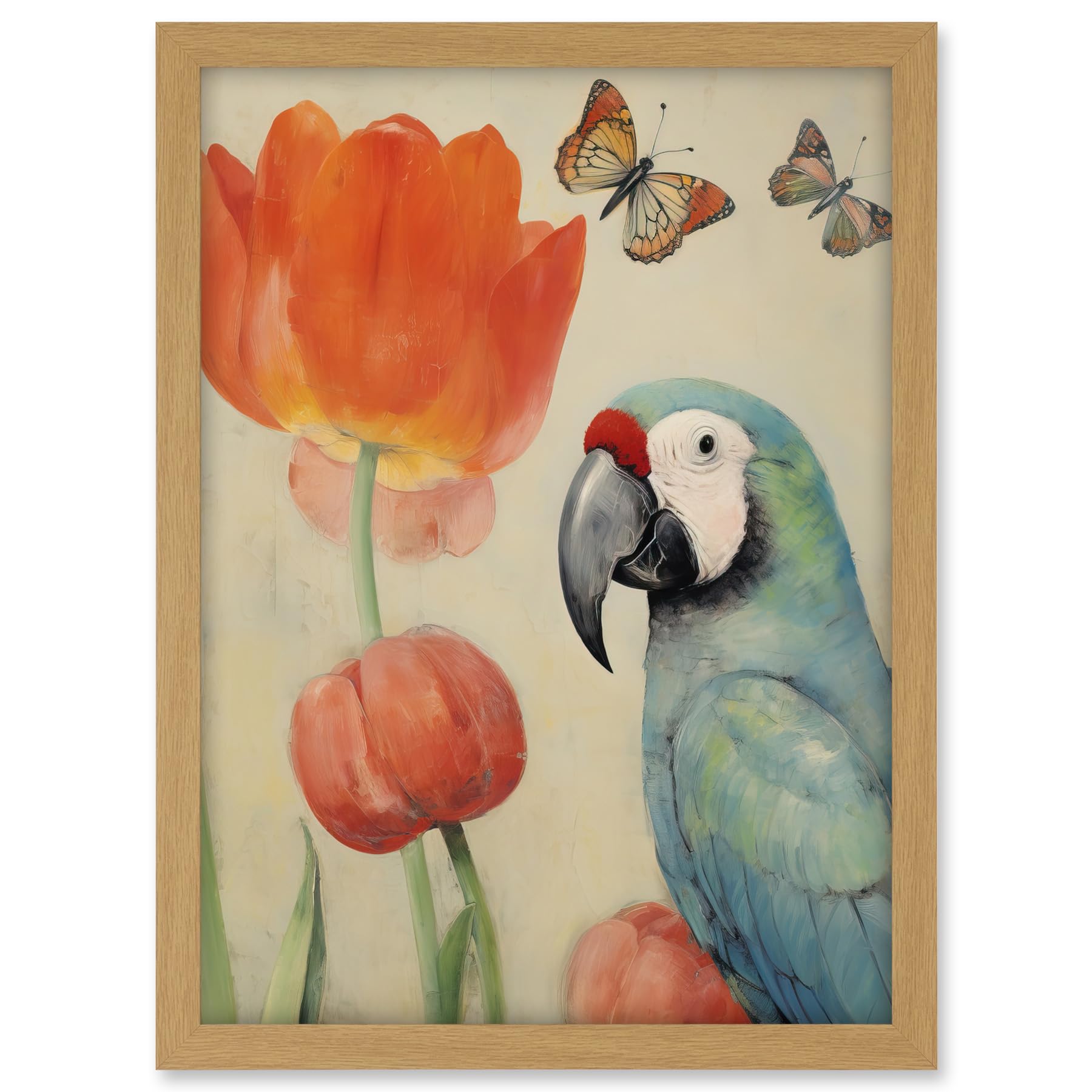 Artery8 Parrot and Tulips Flowers Butterflies Pastel Colour Artwork Floral Spring Oil Painting Artwork Framed A3 Wall Art Print