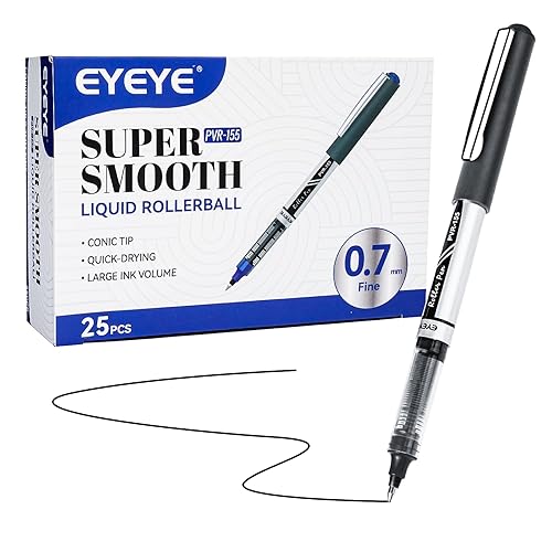 EYEYE 0.7mm Black Roller Ball Pens 25 Pack, Medium Point