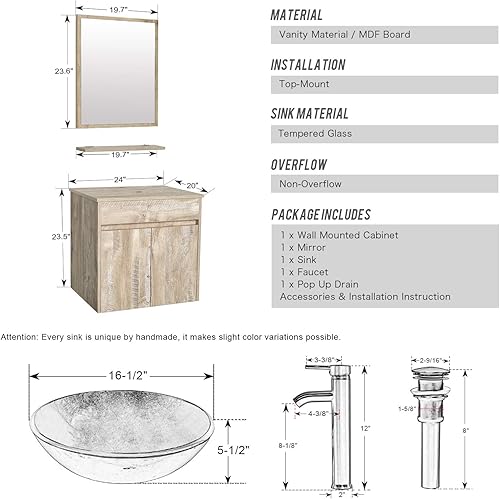 Miniatura 10 de eclife Juego de lavabo de tocador de baño de 24 pulgadas, montaje en pared, color gris hormigón, cubierta de fregadero de vidrio templado, con grifo