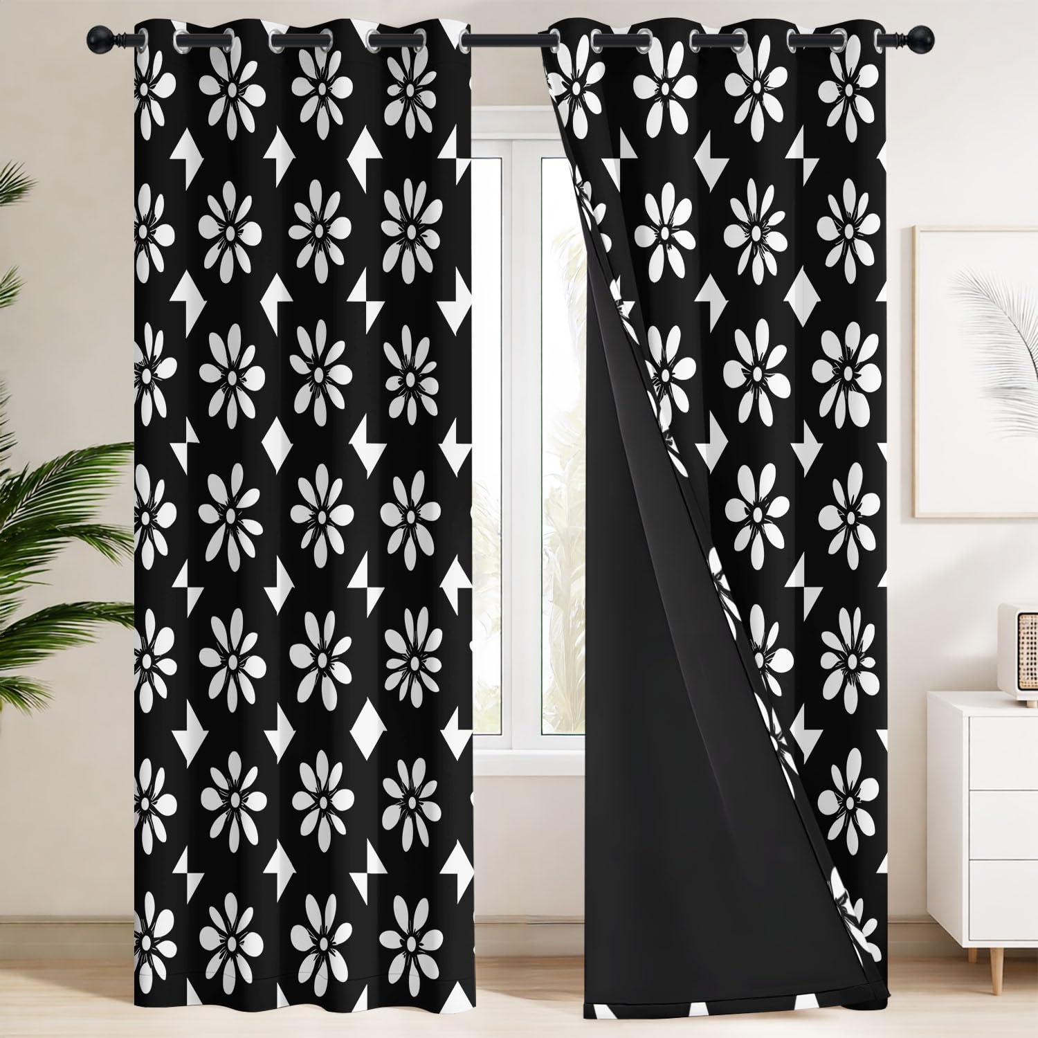 Generisch Schwarze siebenblättrige Blumen, Weiße Blumen Vorhänge Blickdicht 215 x 140 cm | Gardinen 2er Set - Retro-Trend, Nahtloses Schachbrettmuster - Verdunkelungsvorhänge für Hauptschlafzimmer