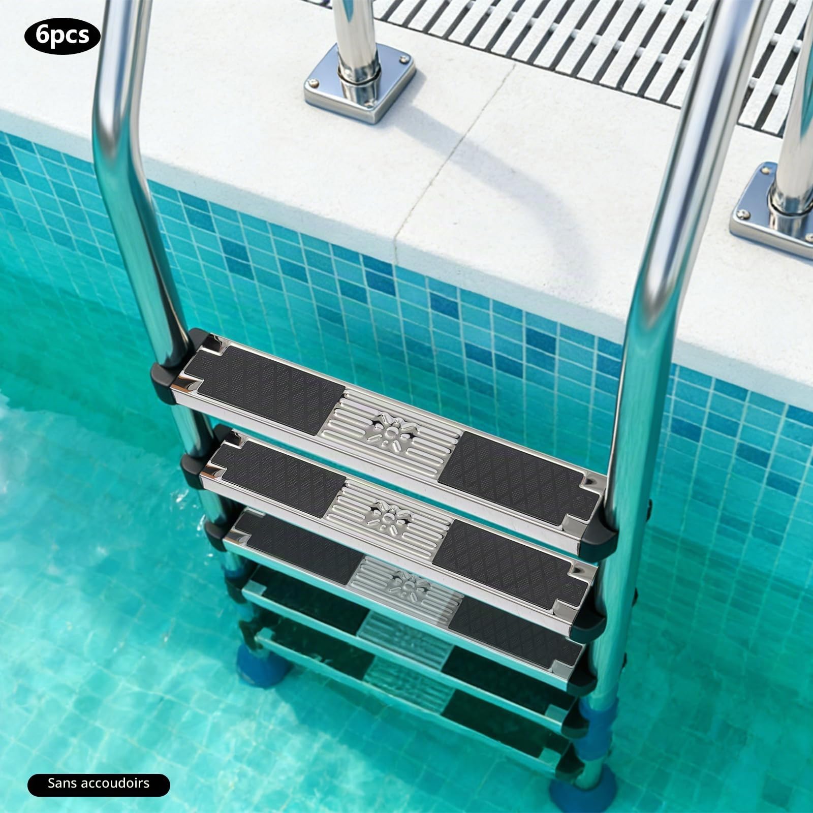 Lot de 6 marches de rechange pour échelle de piscine en acier inoxydable avec coussinet en caoutchouc antidérapant et vis, pour piscines encastrées, piscines hors-sol et spas, capacité de 150 kg, 49,3