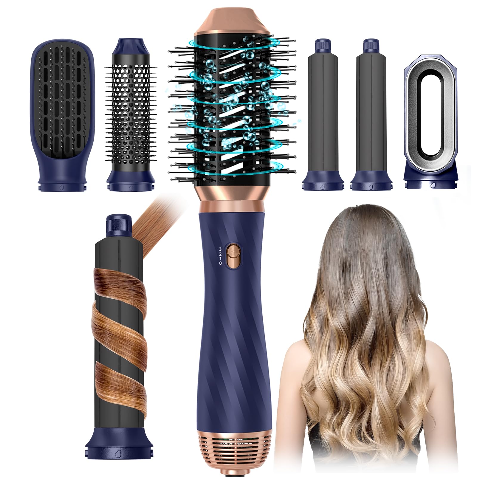 Blow Dryer Brush, 6 in 1 Detachable Rotating Hair Dryer Brush Curling Wand, Upgrade Negative Ionic Hair Styling Tool Set, Automatic Hair Curler Hot Air Brush, Hair Straightener Thermal Brush ?Blue?