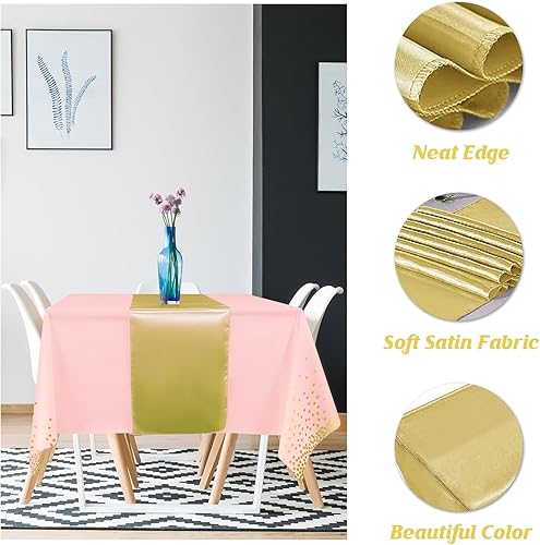 Miniatura 3 de Juego de 8 manteles de plástico desechables y camino de mesa de satén, mantel de punto rosa y dorado, camino de mesa de satén dorado para boda,