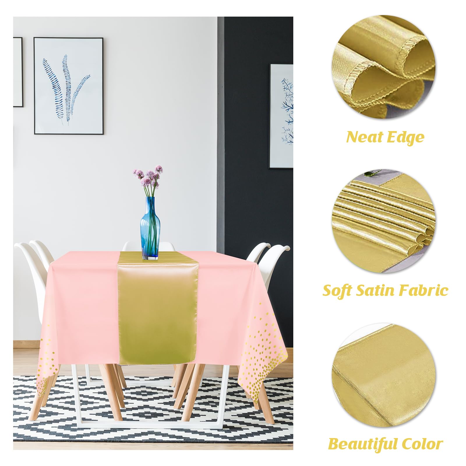 8Pack Disposable Plastic Tablecloths and Satin Table Runner Set Pink and Gold Dot Tablecloth Gold Satin Table Runner for Wedding Birthday Baby Shower Anniversary Christmas New Year Party Supplies