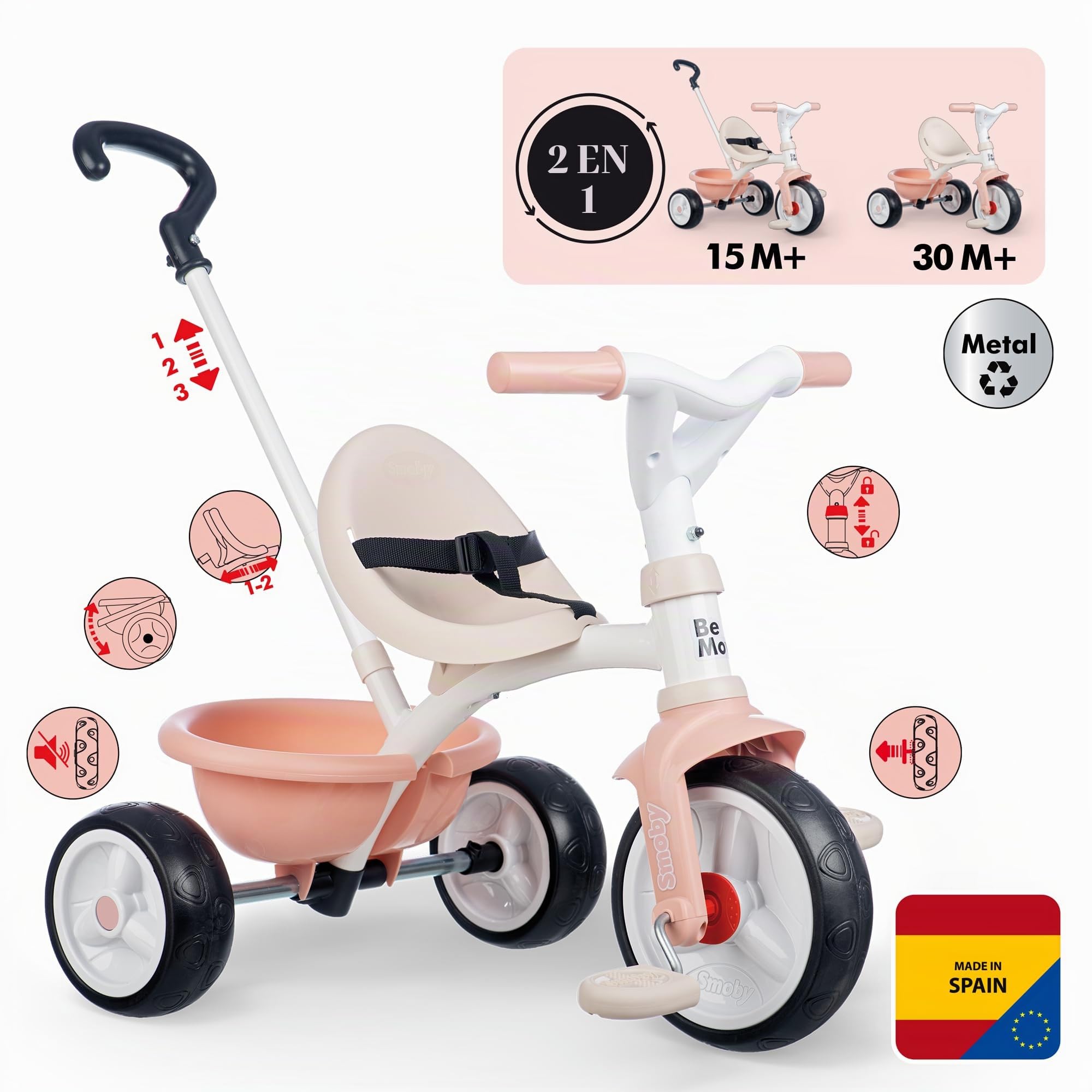Smoby Triciclo Be Move Rosa 2 en 1, Evolutivo con Barra de Control Parental, Cinturón, Bloqueo de Dirección, Rueda Libre y Neumáticos Silenciosos para Niños de 15 Meses a 3 Años (7600740339)