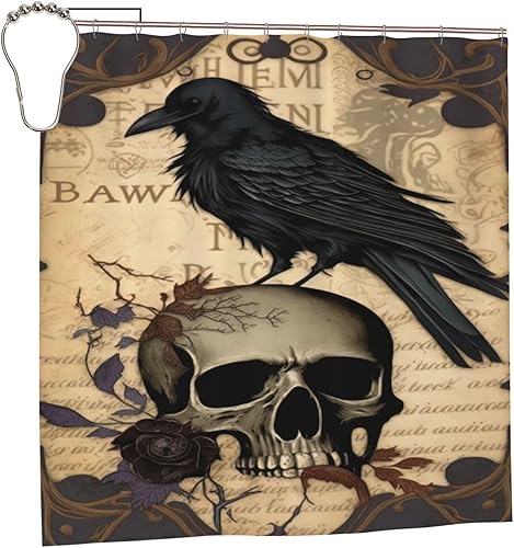 Miniatura 1 de Edgar Allan Poe The Raven Skull - Cortinas de baño con 12 ganchos, 72 x 72 pulgadas, tela de poliéster impermeable