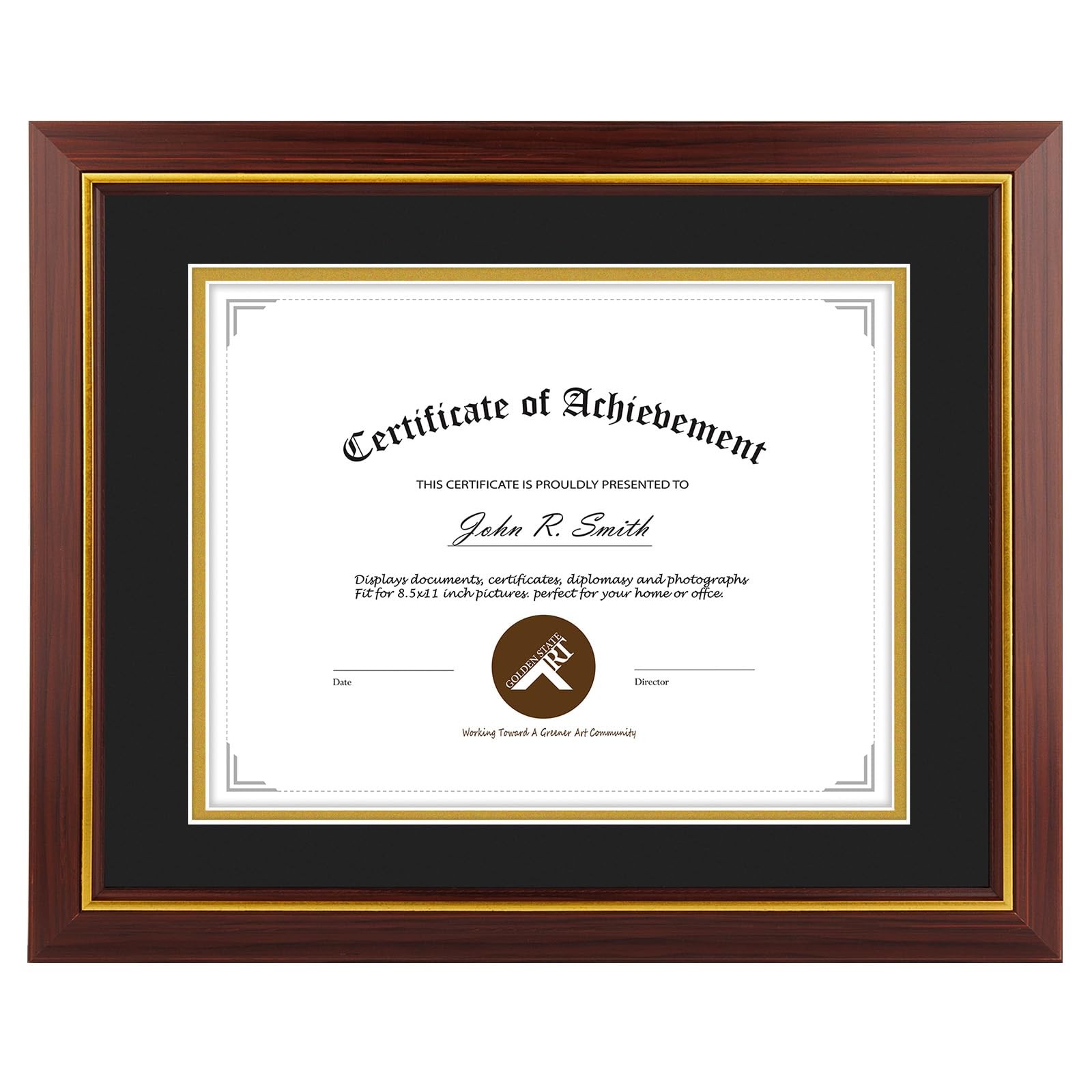 11x14 Diploma Frame Brown Gold Trim Fit 8.5x11 with Black W Gold Double Mat