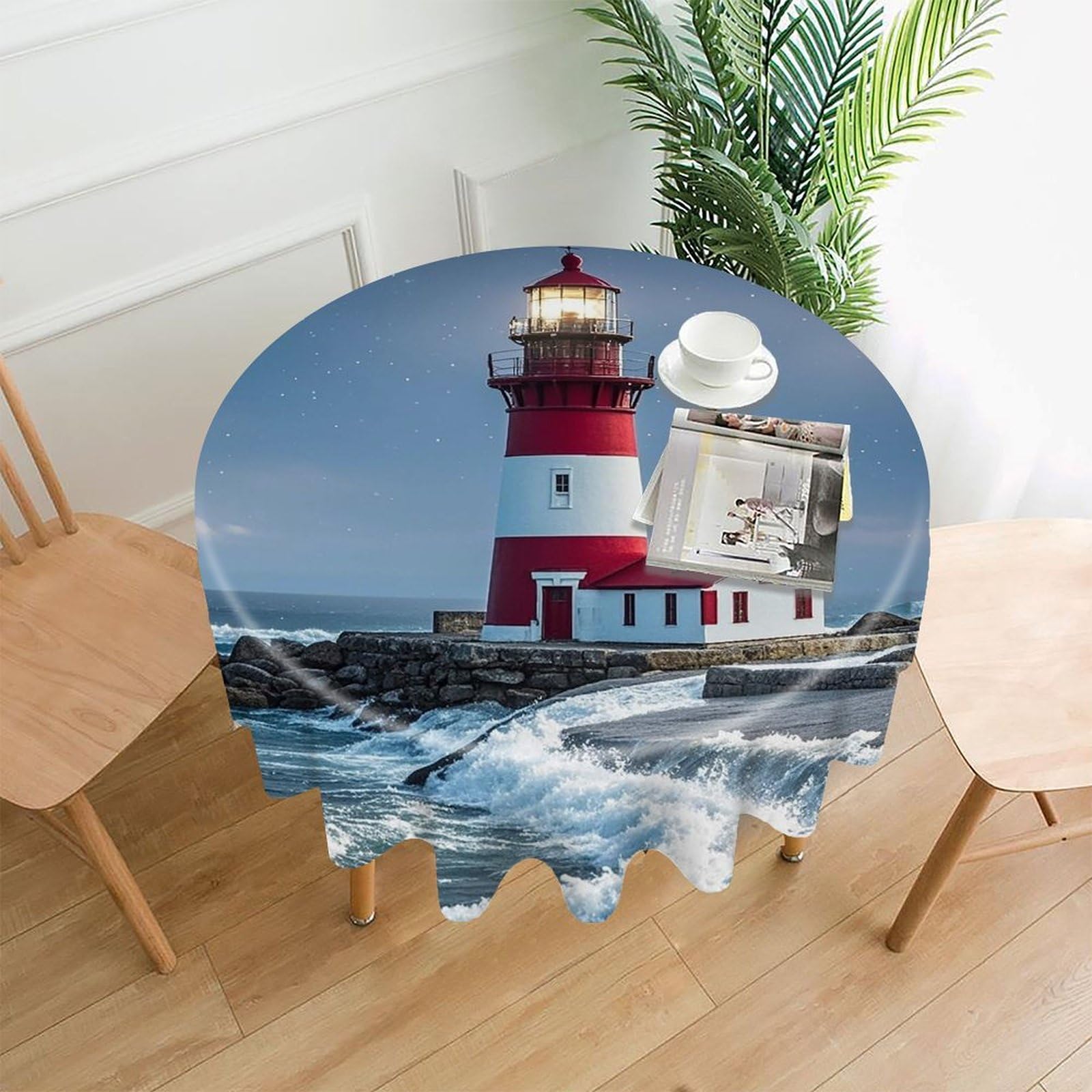 FekiLoot Lighthouse Ocean Tablecloth Decorative Round Table Cloth Wrinkle Resistant Washable Circle Table Cover Round Tablecloth for Picnic Party Camping Dining 60 Inch