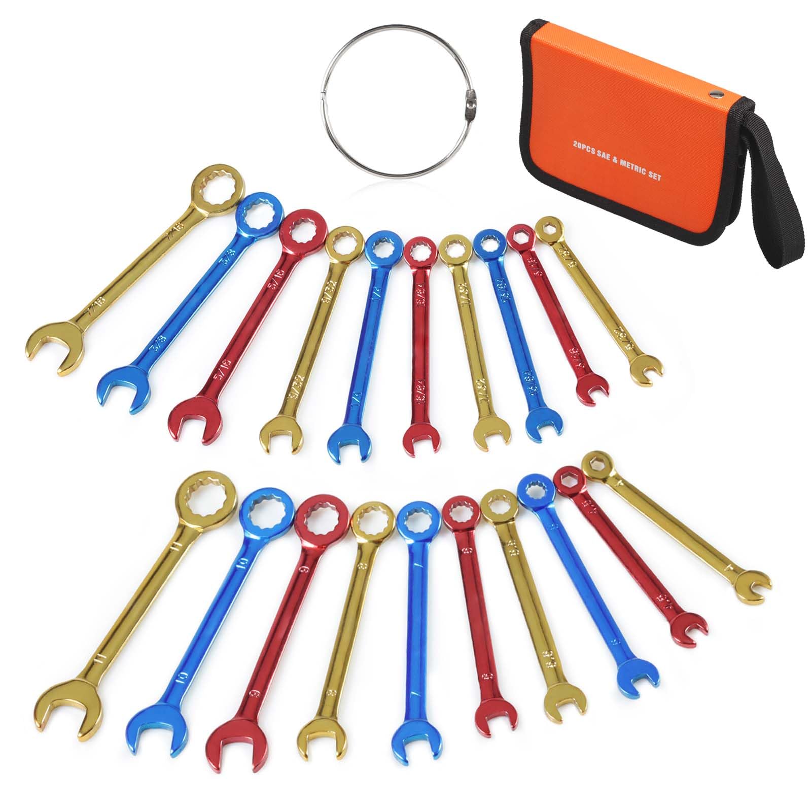 SPEEDWOX 10 Pcs Mini Combination Wrench Set Metric & SAE Color Plated Open and Box End Mini Wrenches Color Coated Midget Wrench Set with Portable Pouch and Large Ring(4-11mm(5/32-7/16")