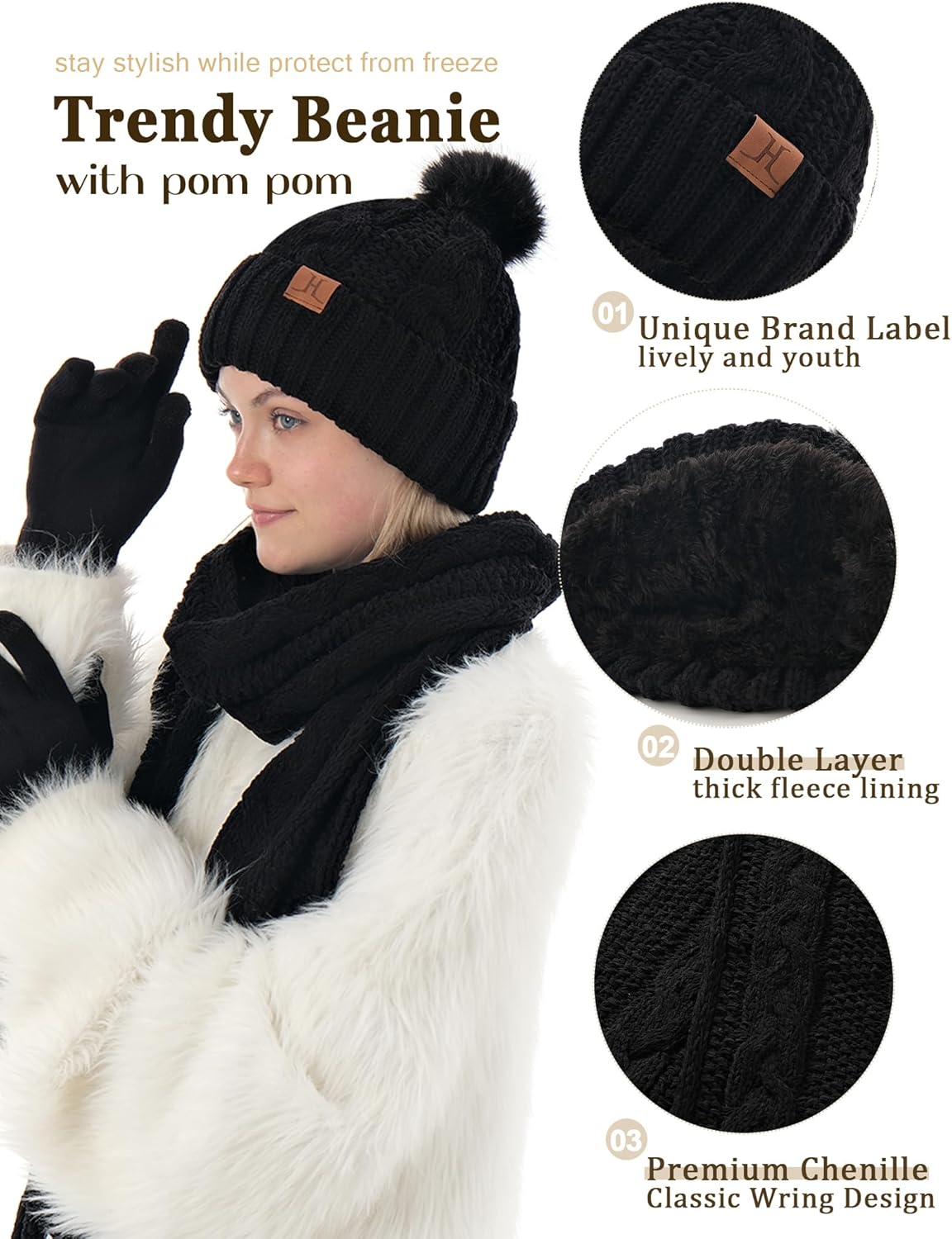 Hat Scarf And Gloves Set For Women, Womens Beanie Hats Thermal Touchscreen Gloves Scarf Scarves, Winter Accessories Sets - Image 3